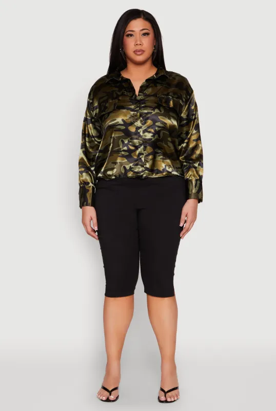 Plus Size Camo Satin Shirt sold by Rainbow