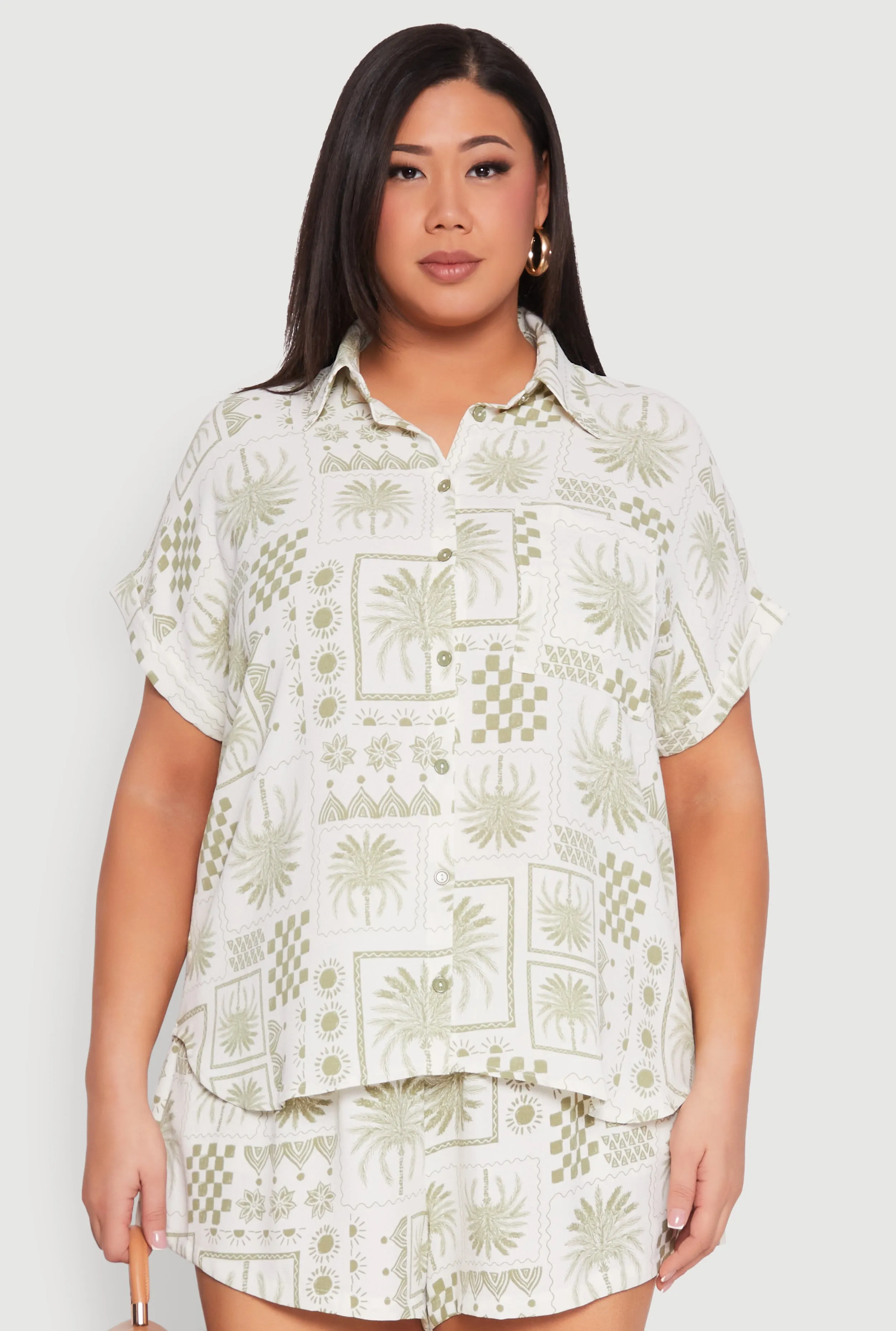 Plus Size Checkered Palm Print Shirt sold by Rainbow