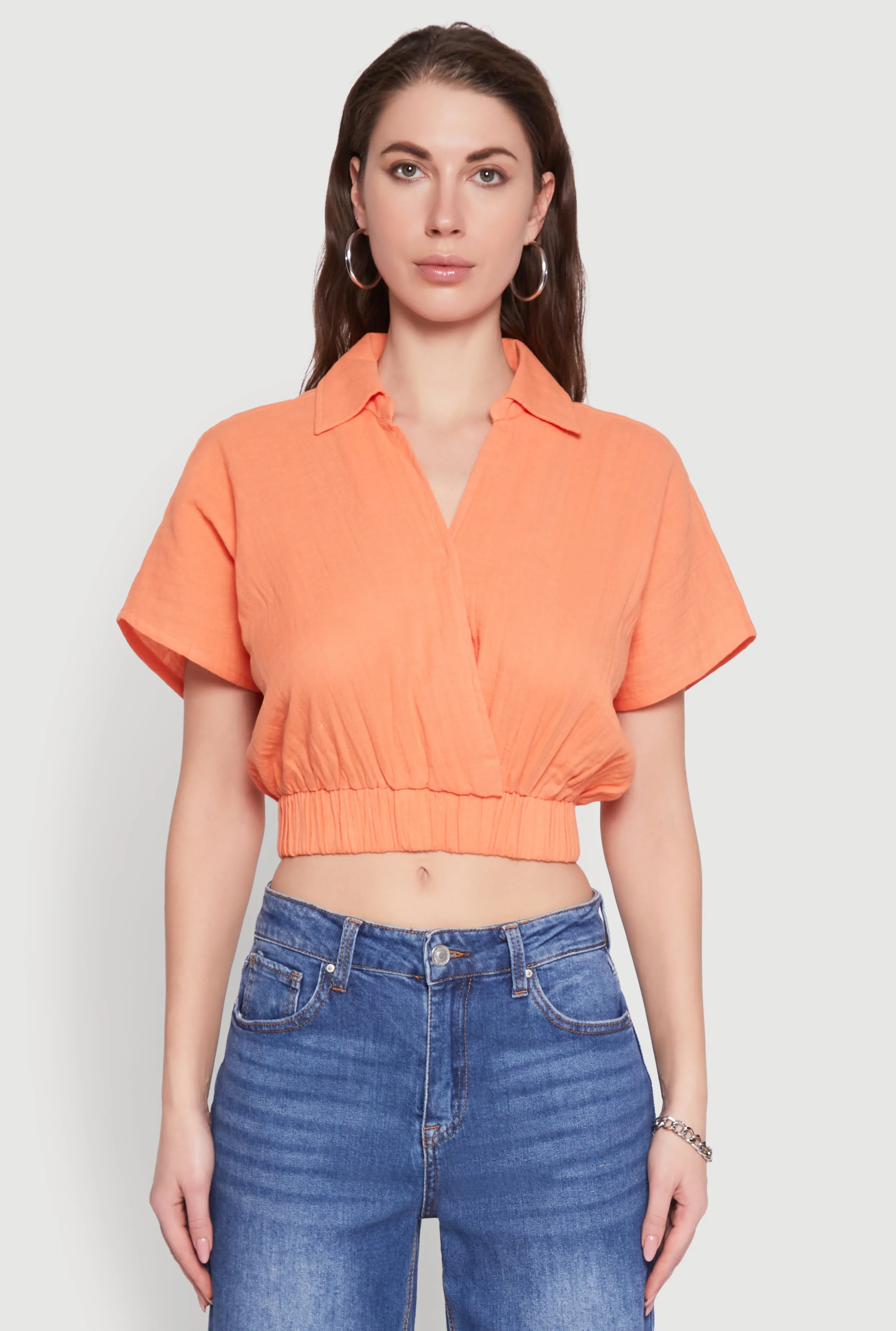 Faux Wrap Cropped Elastic Hem Blouse sold by Rainbow product image thumbnail 2