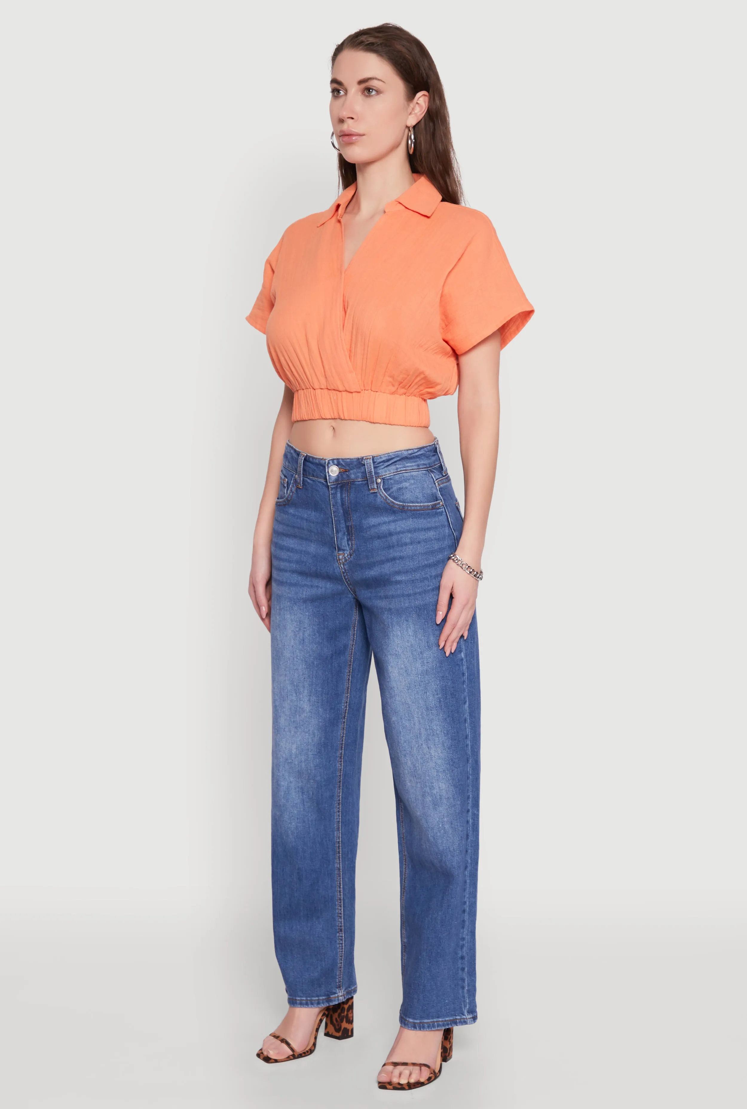 Faux Wrap Cropped Elastic Hem Blouse sold by Rainbow product image thumbnail 5