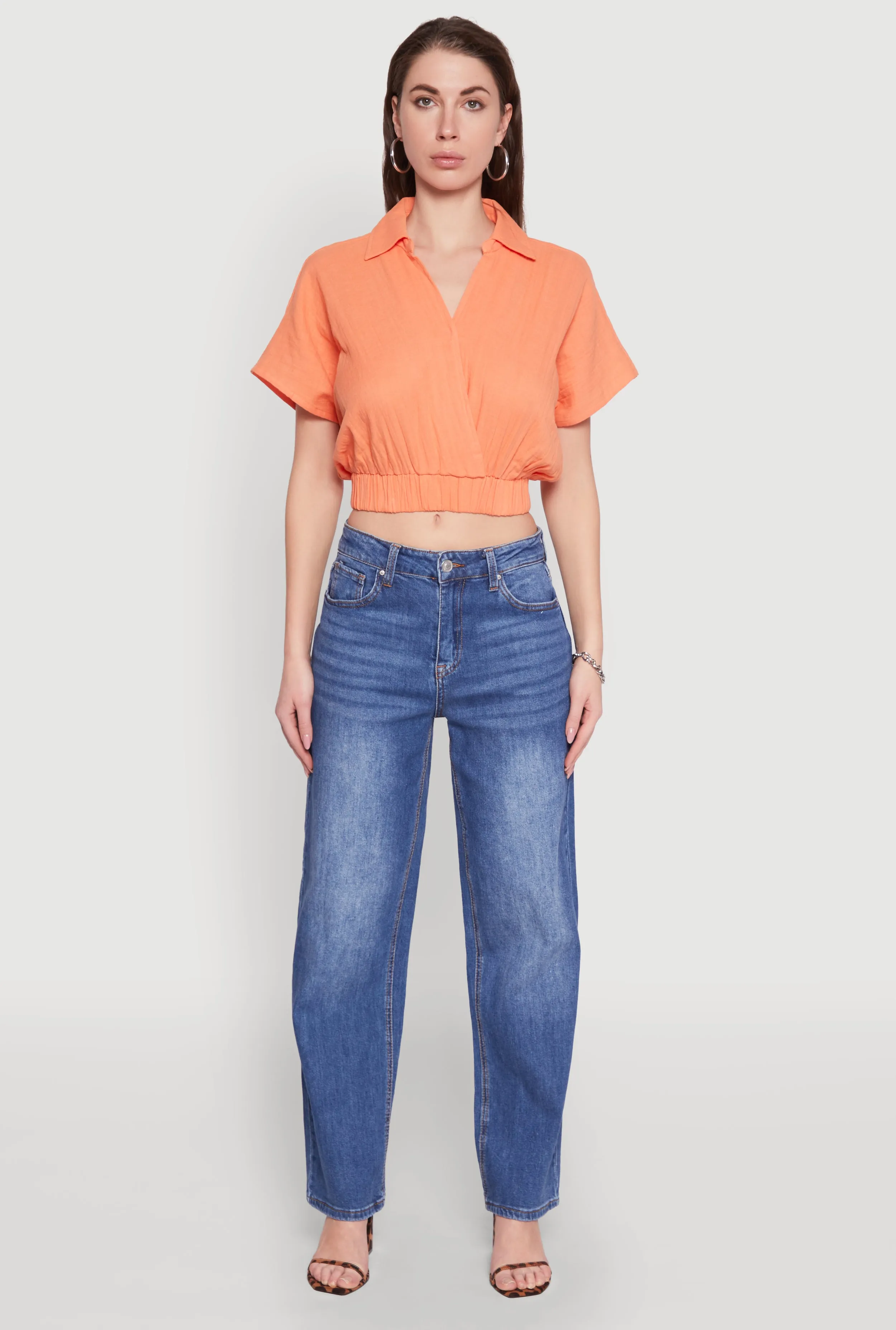 Faux Wrap Cropped Elastic Hem Blouse sold by Rainbow product image thumbnail 3