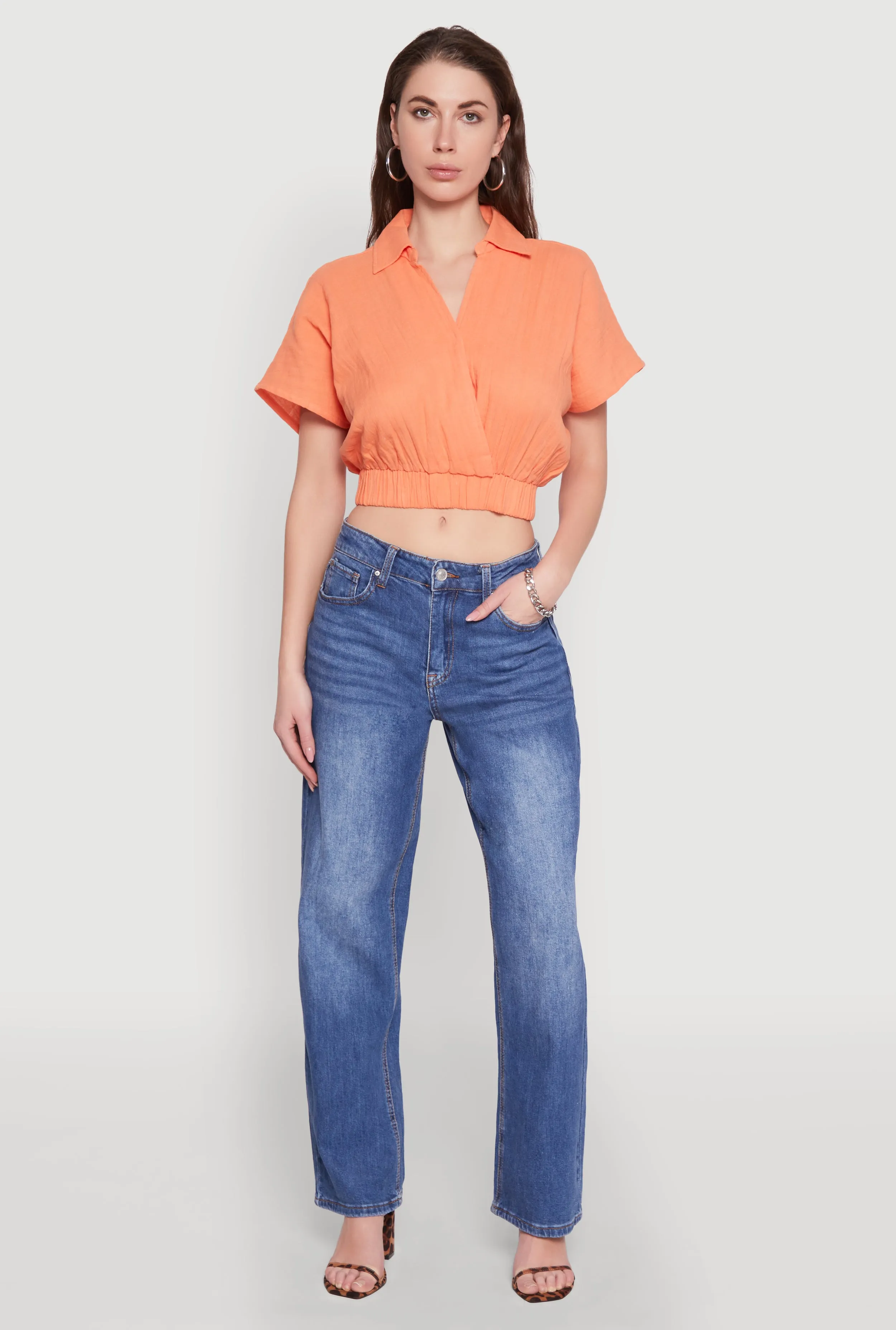 Faux Wrap Cropped Elastic Hem Blouse sold by Rainbow