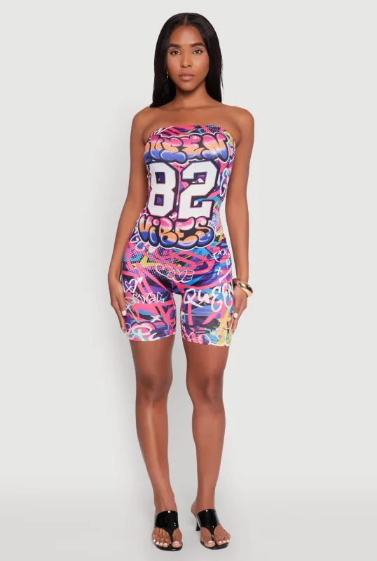 Queen 82 Vibes Graffiti Print Tube Romper sold by Rainbow