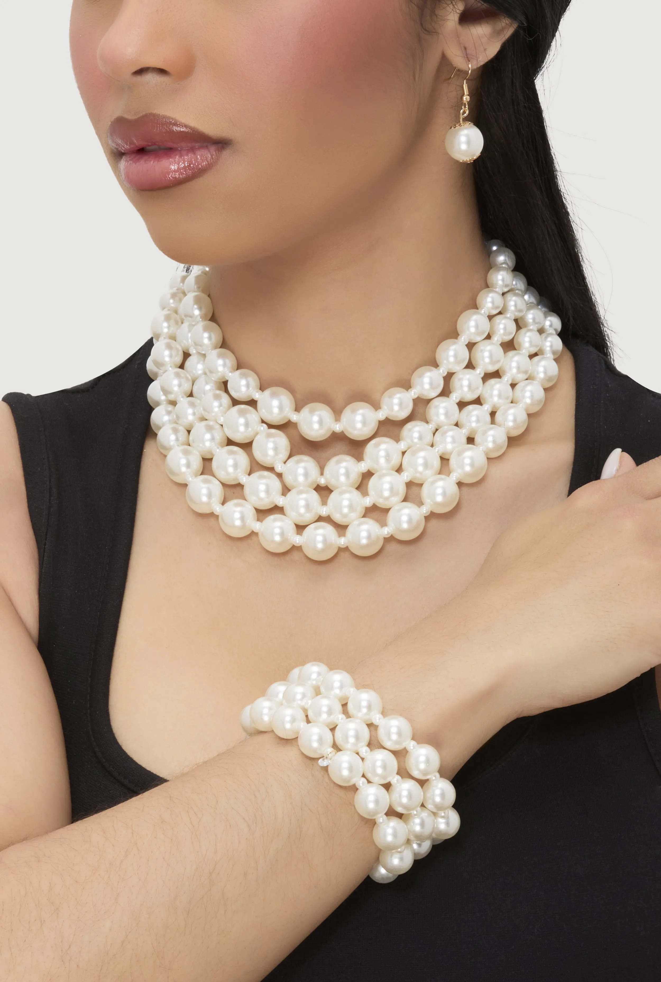 Faux Pearl Layered Choker Necklace with Drop Earrings and Bracelets sold by Rainbow product image thumbnail 2