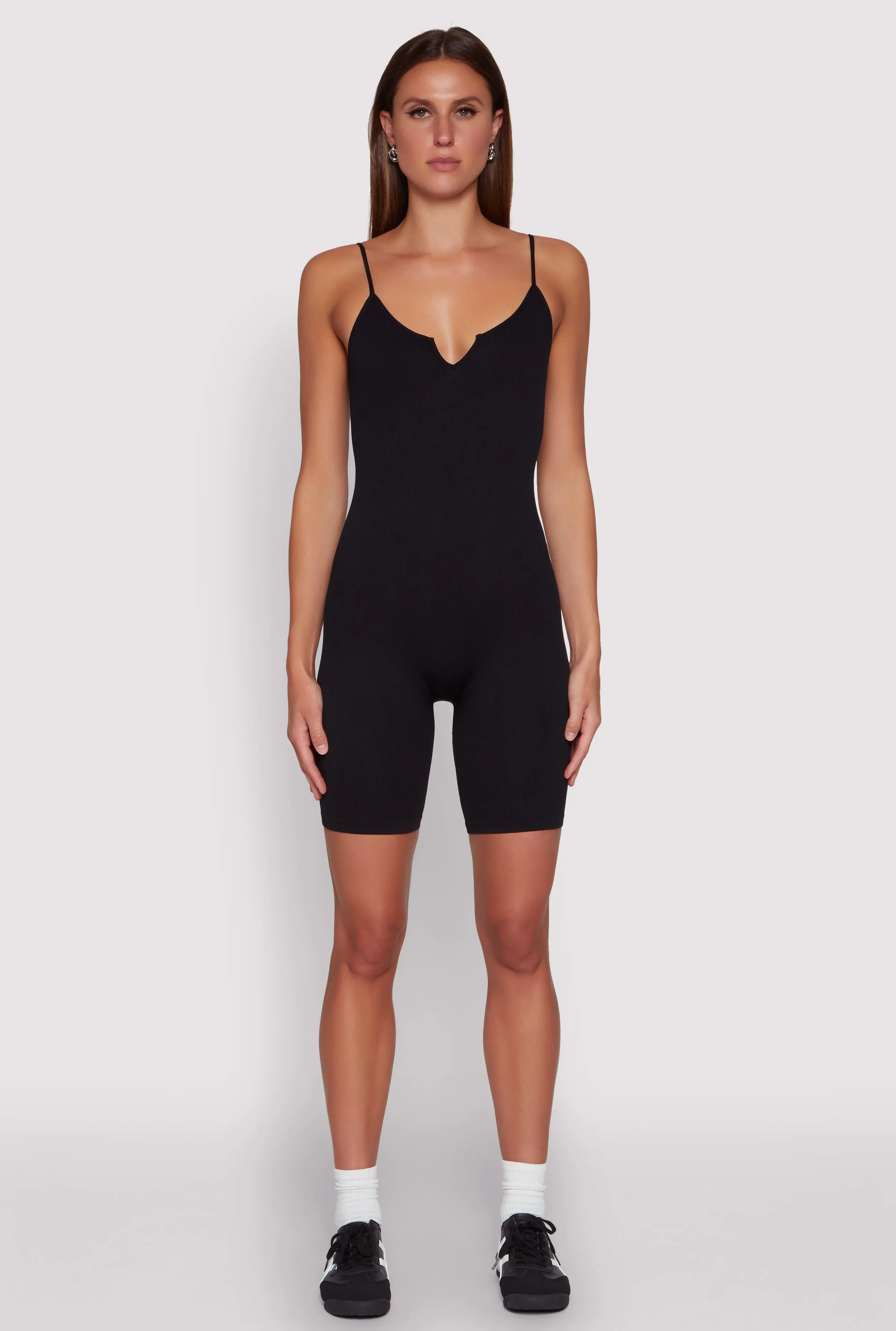Seamless Rib Knit Notch Neck Biker Romper sold by Rainbow