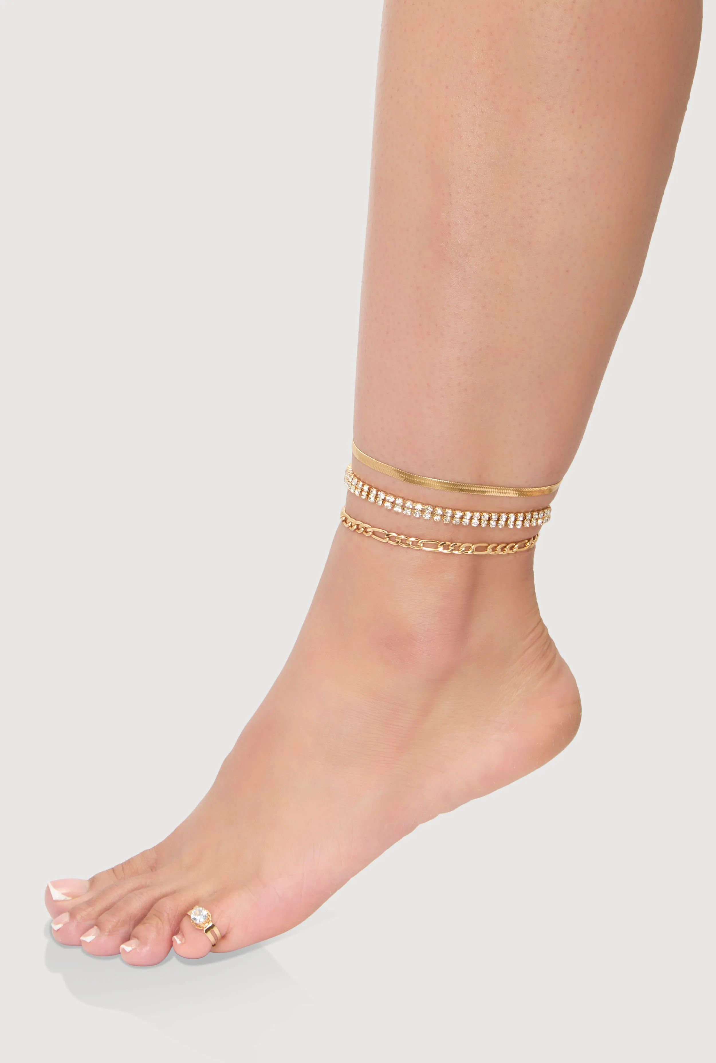 Cubic Zirconia Assorted Metallic Anklets with Toe Ring sold by Rainbow product image thumbnail 2