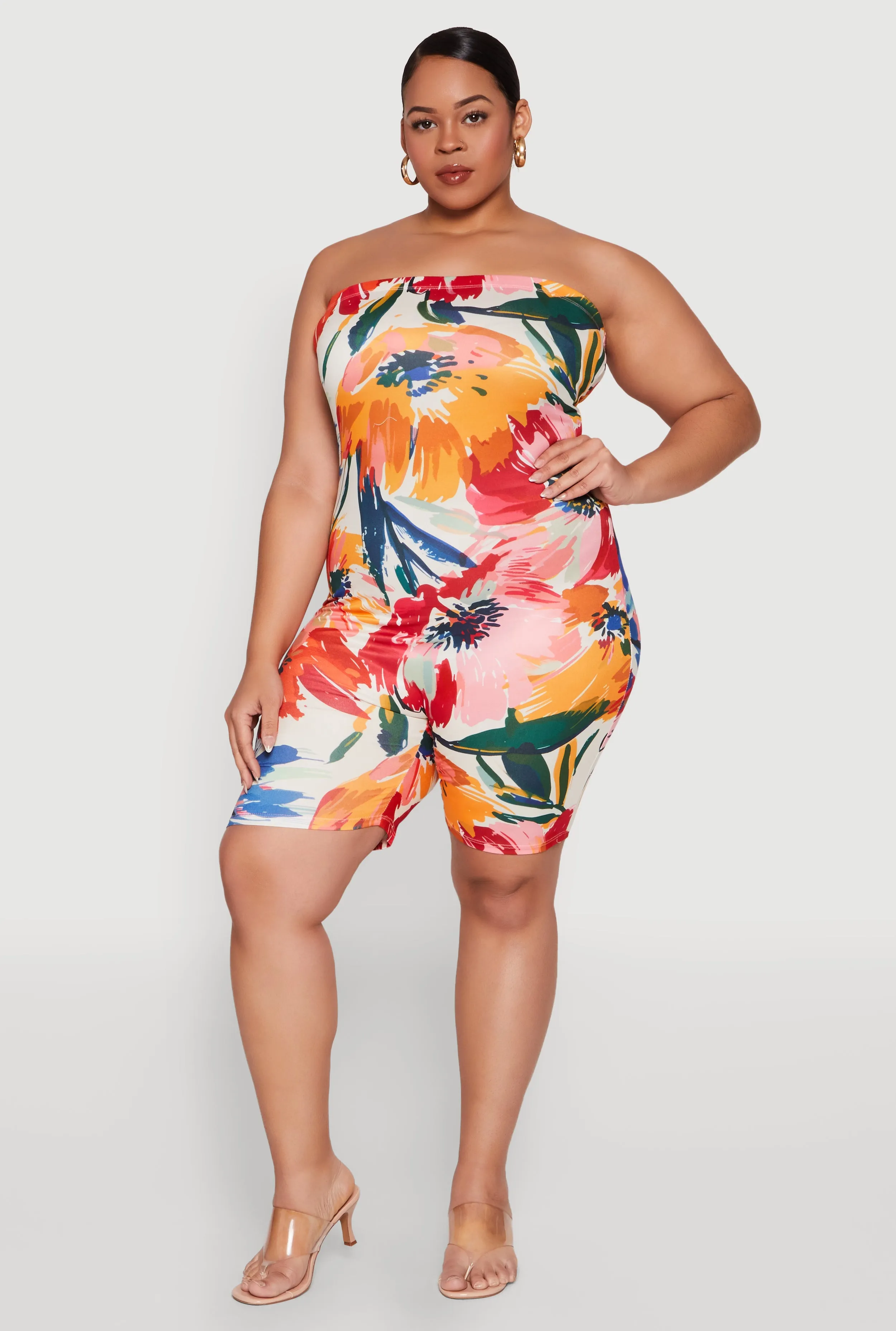 Plus Size Floral Print Biker Romper sold by Rainbow