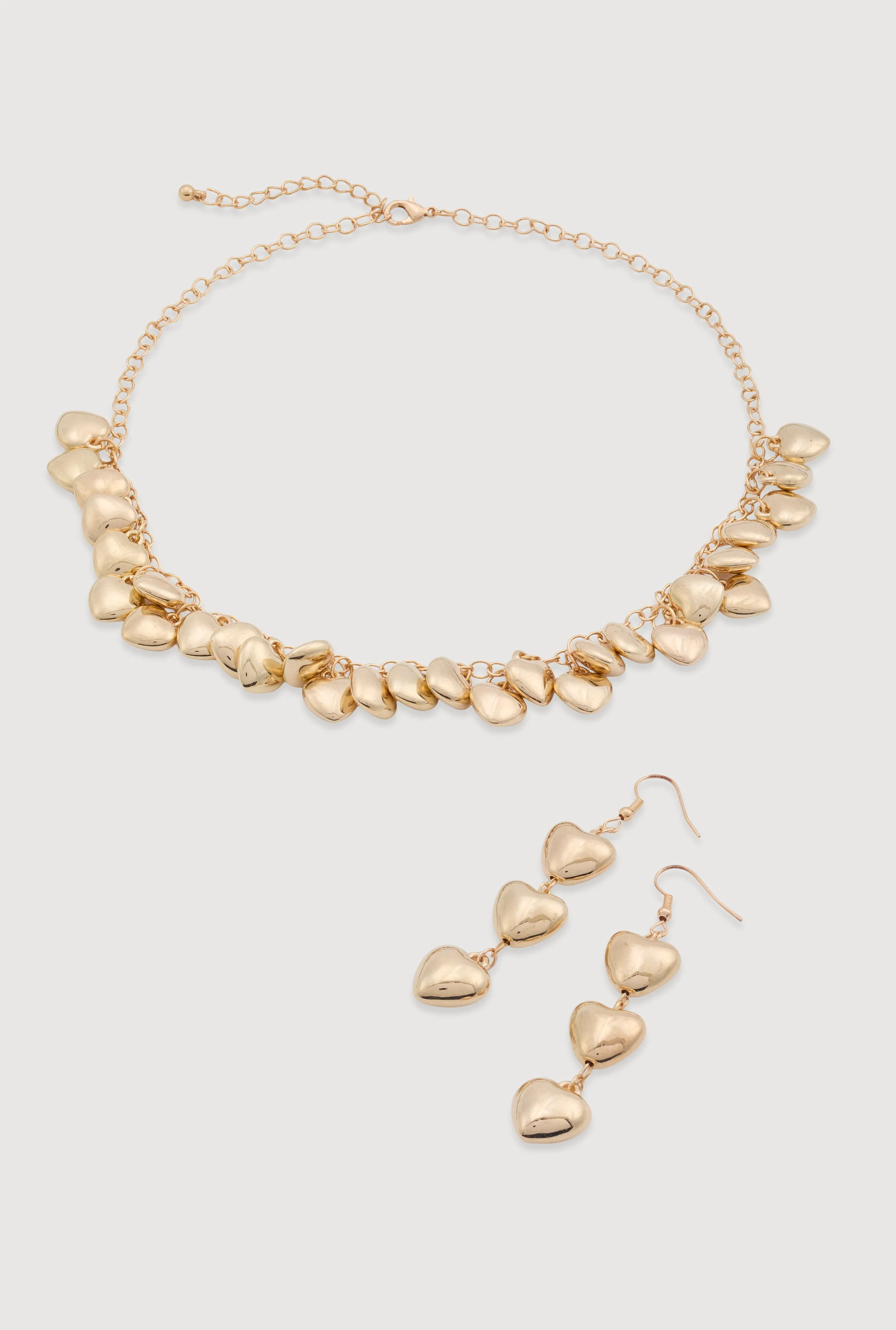 Metallic Puff Heart Necklace and Drop Earrings Set sold by Rainbow