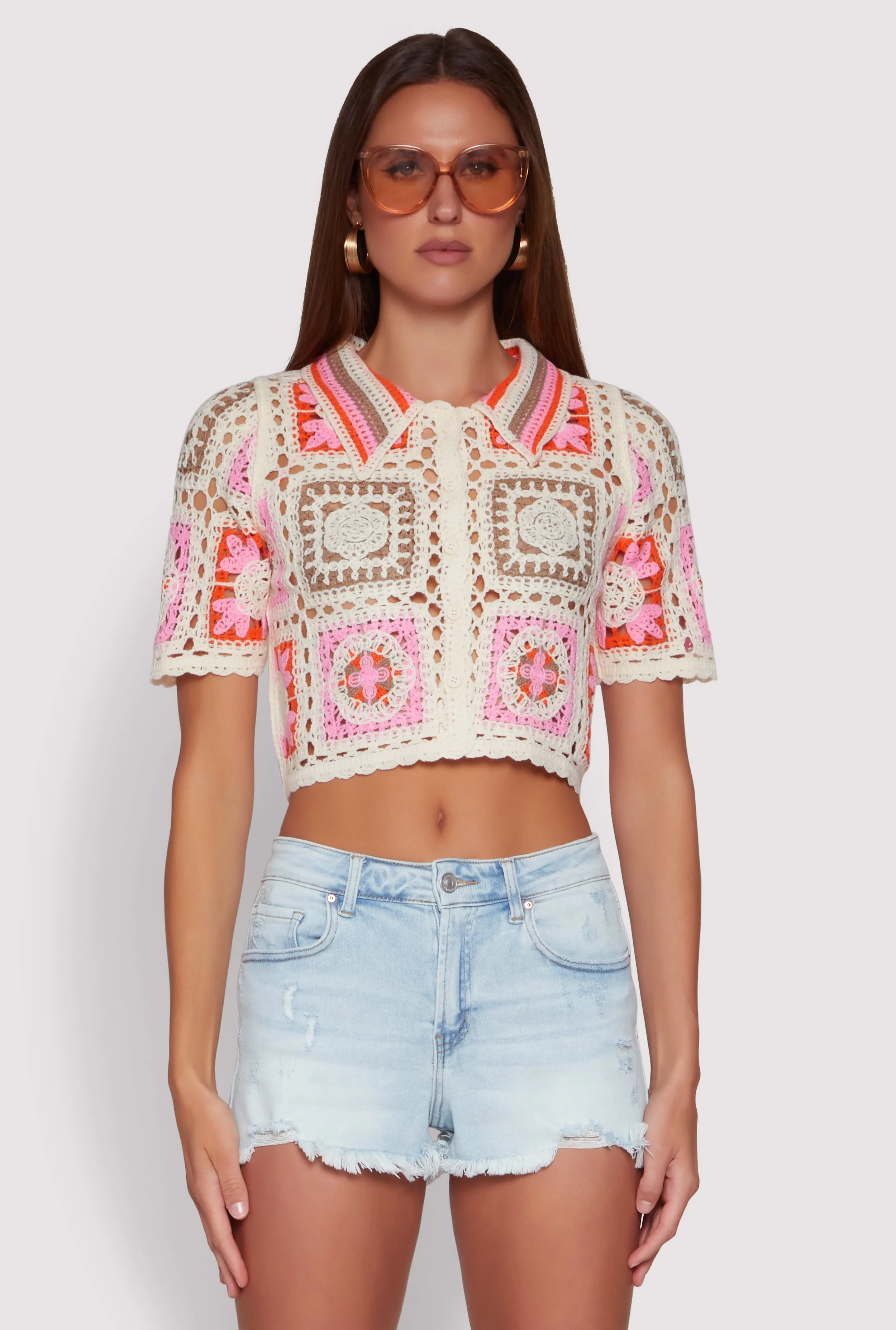 Color Block Patchwork Crochet Crop Top sold by Rainbow product image thumbnail 2