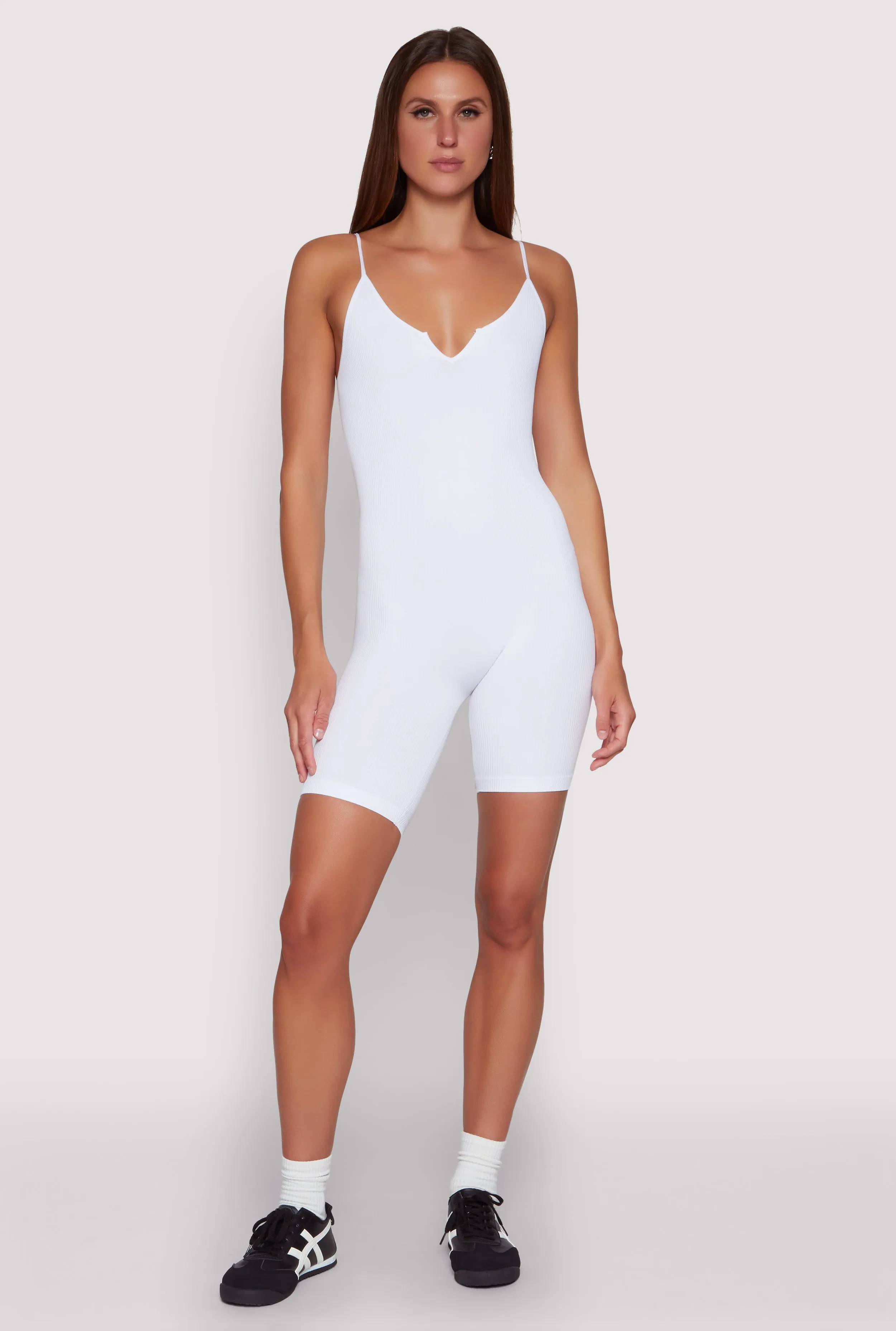 Seamless Rib Knit Notch Neck Biker Romper sold by Rainbow