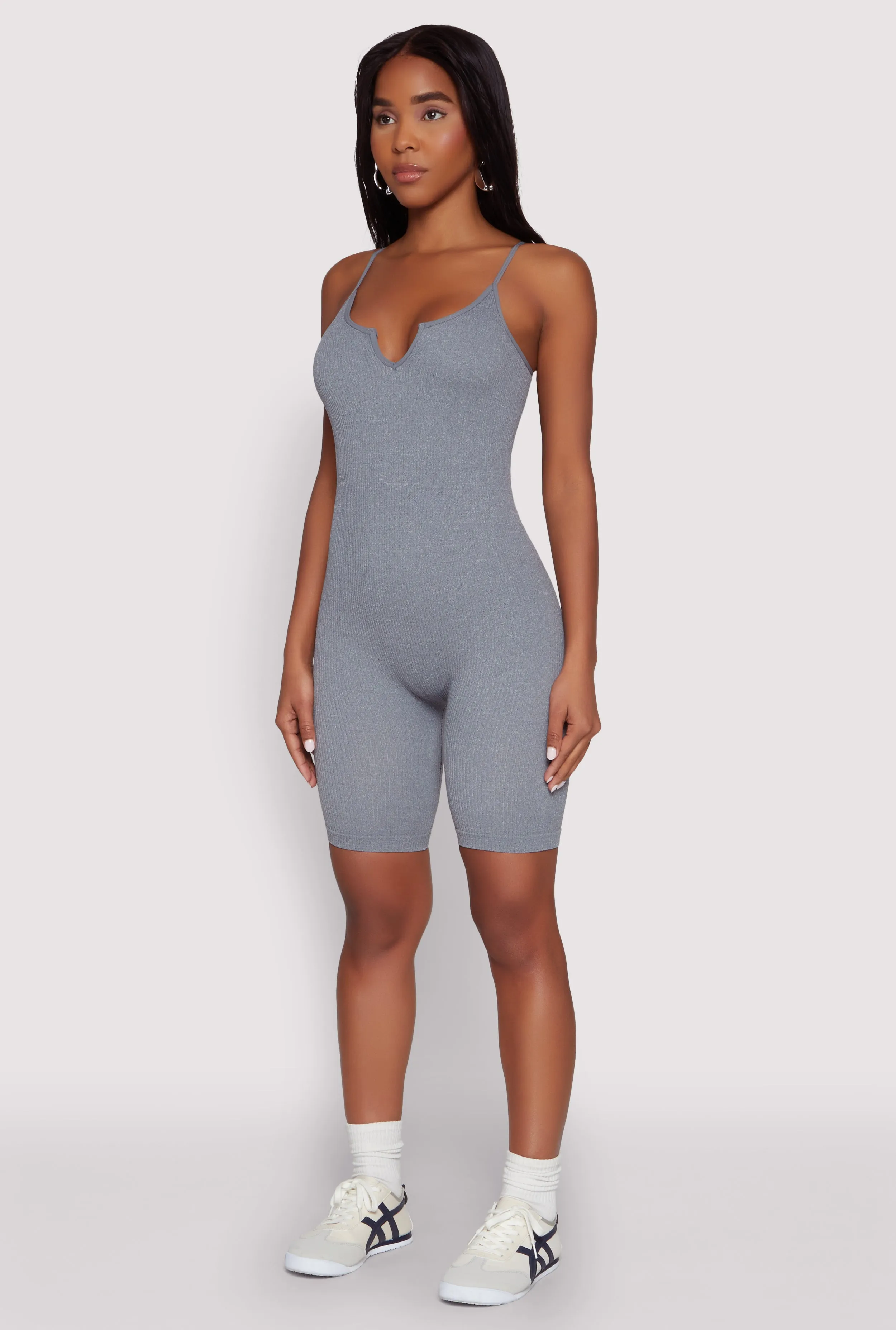 Seamless Rib Knit Notch Neck Biker Romper sold by Rainbow product image thumbnail 3