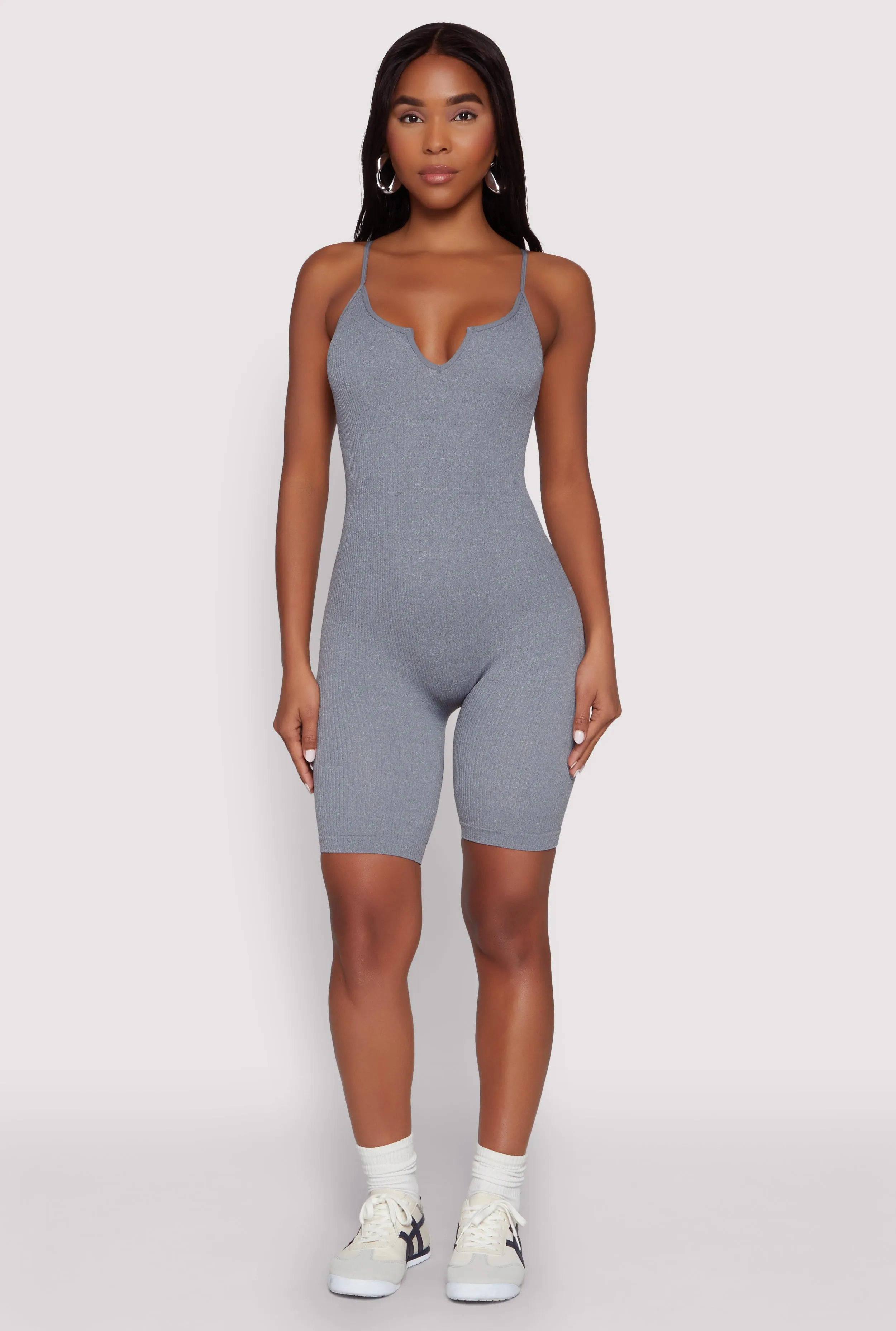 Seamless Rib Knit Notch Neck Biker Romper sold by Rainbow