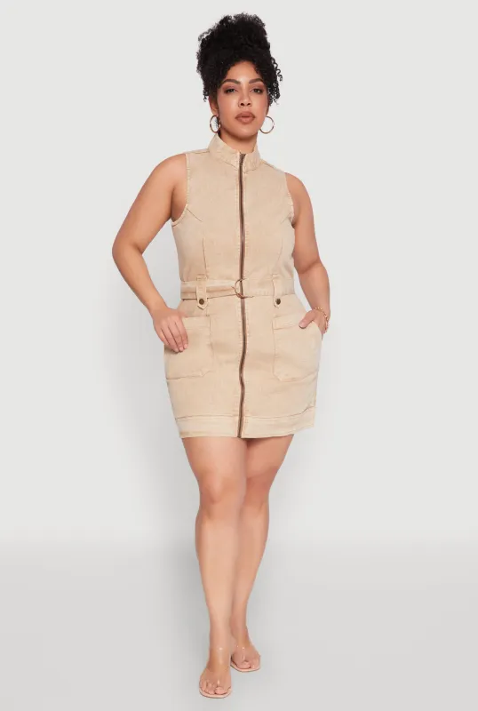 Plus Size Mineral Wash Zip Front Cargo Dress sold by Rainbow
