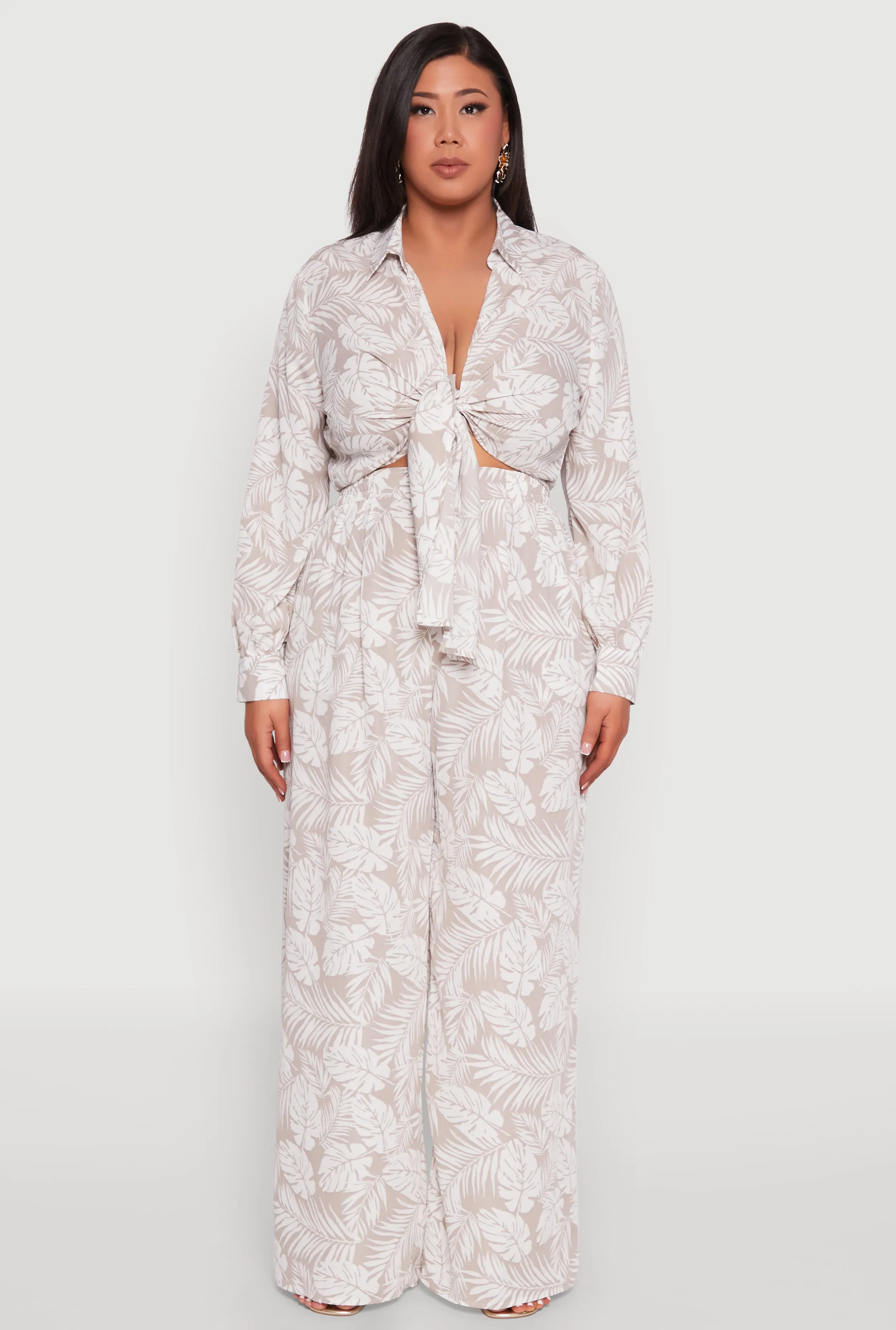 Plus Size Airy Leaf Print Tie Front Crop Top sold by Rainbow product image thumbnail 3