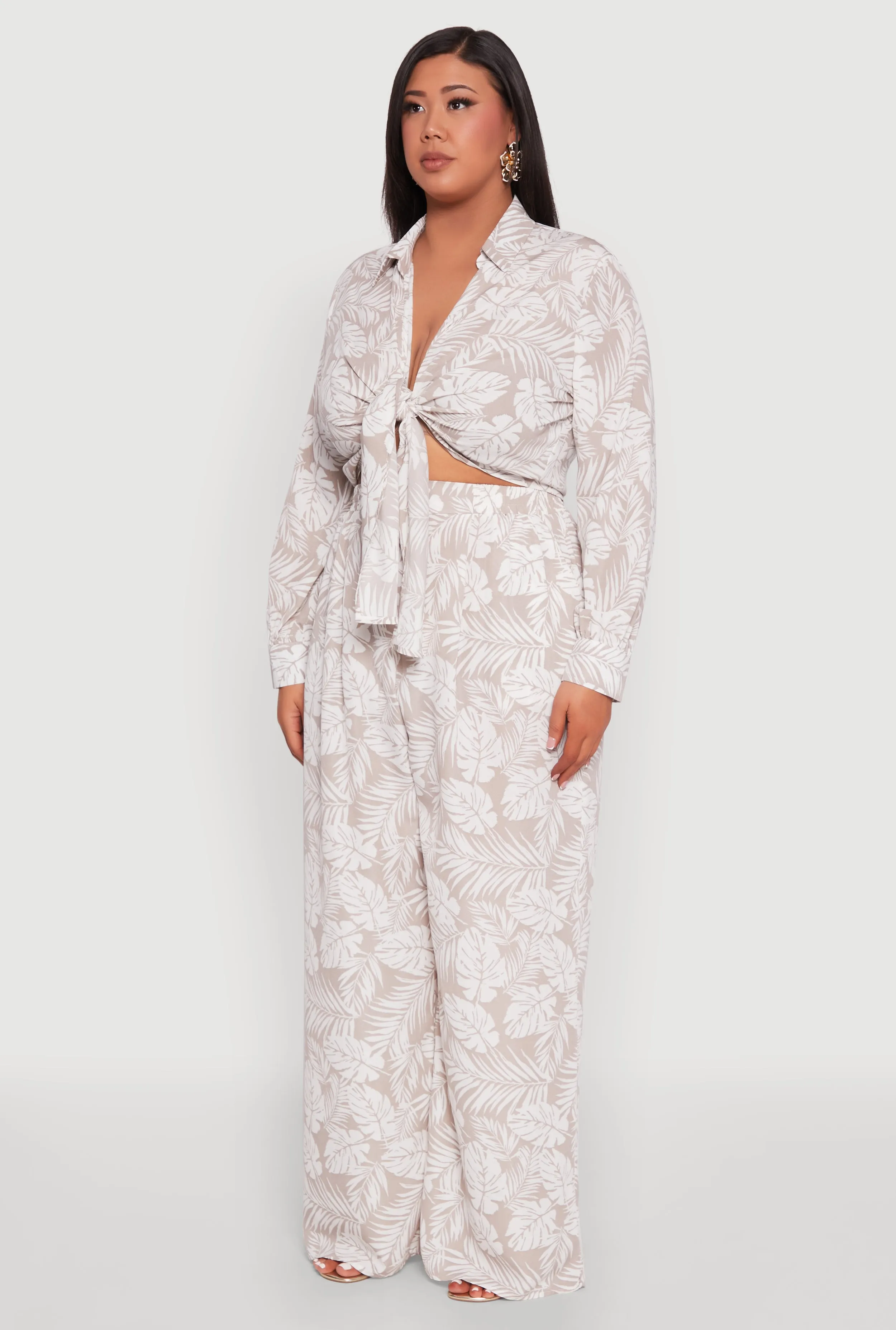 Plus Size Airy Leaf Print Tie Front Crop Top sold by Rainbow product image thumbnail 5