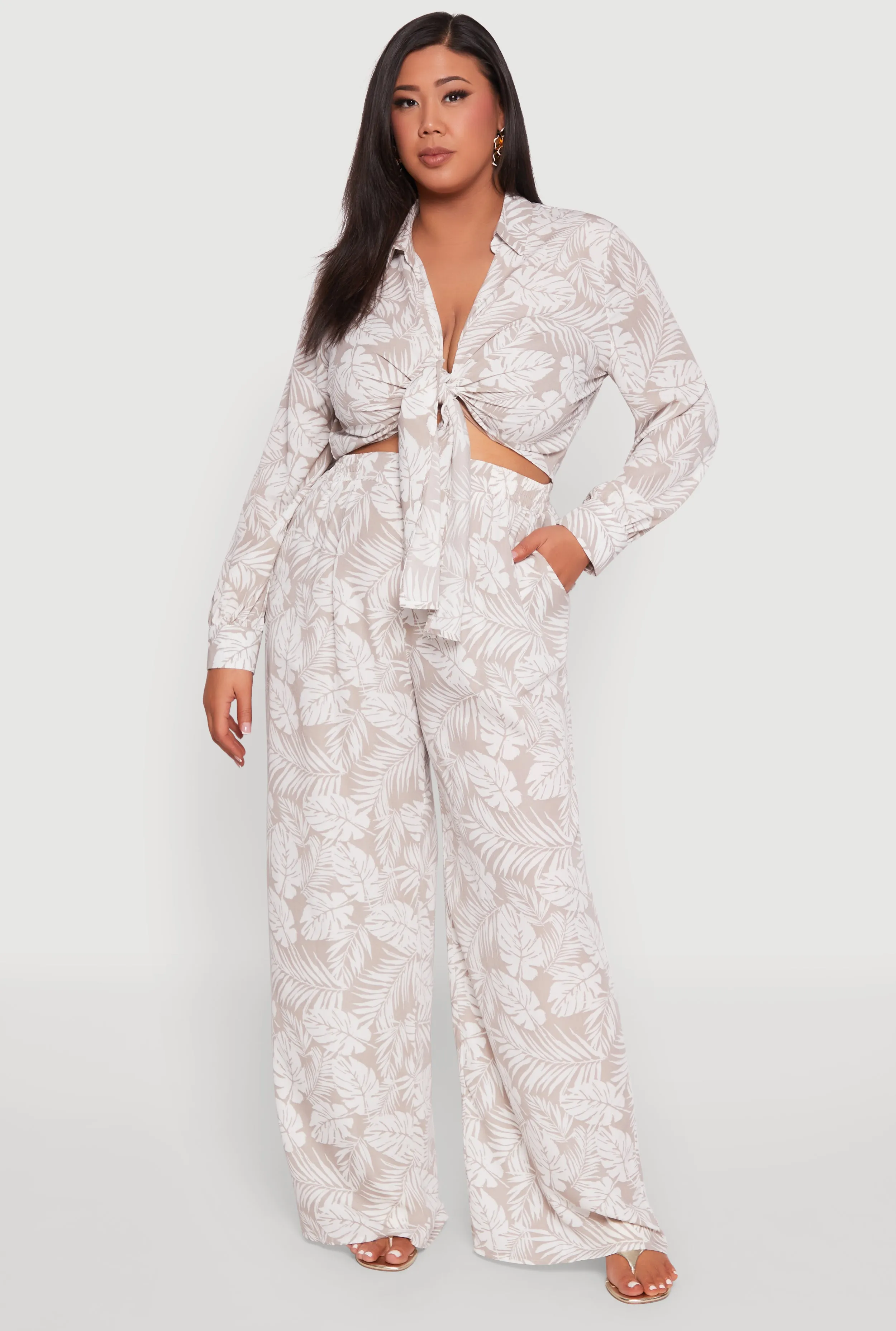 Plus Size Airy Leaf Print Tie Front Crop Top sold by Rainbow product image thumbnail 2