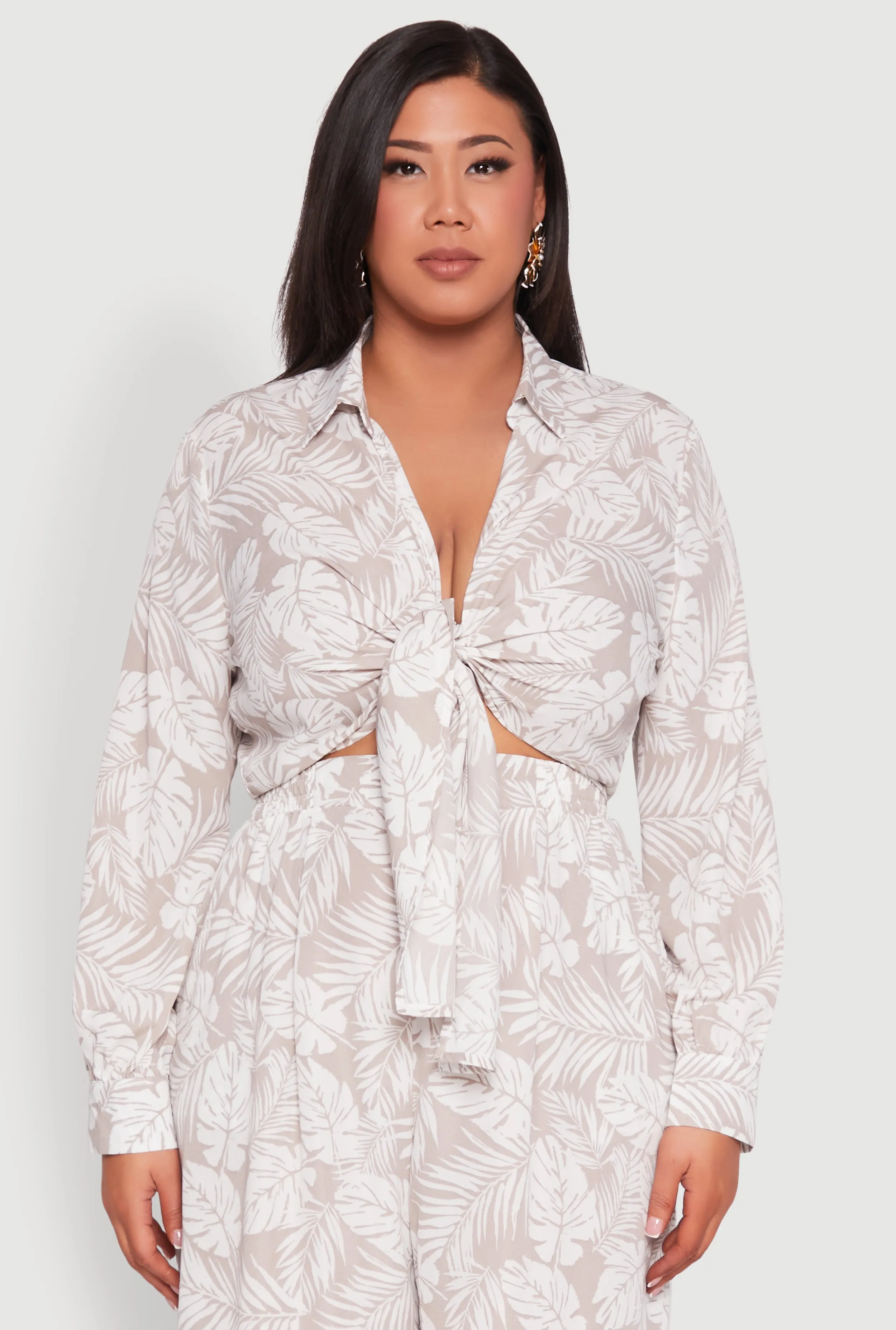 Plus Size Airy Leaf Print Tie Front Crop Top sold by Rainbow