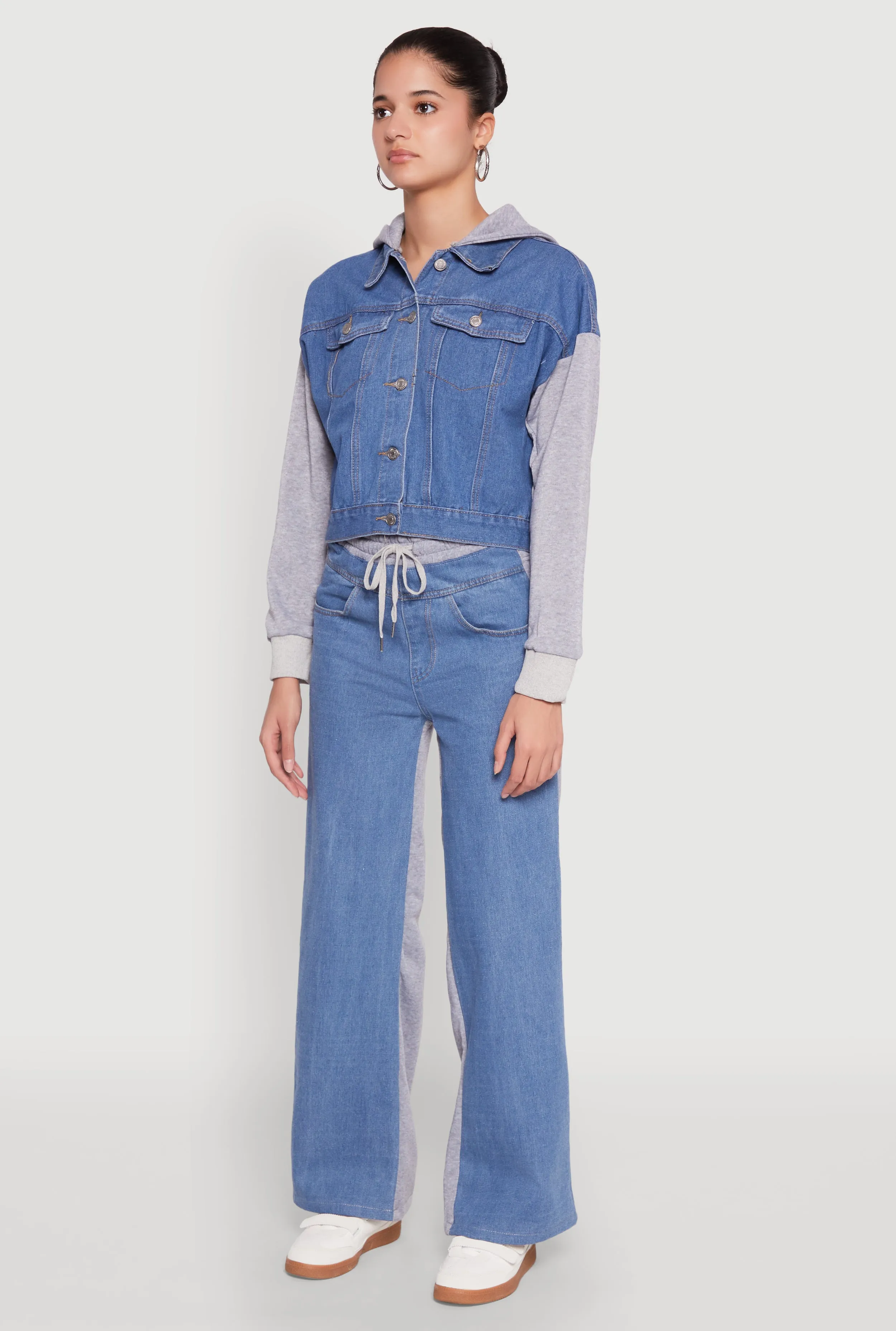 Color Block Fleece Hooded Jean Jacket sold by Rainbow product image thumbnail 5