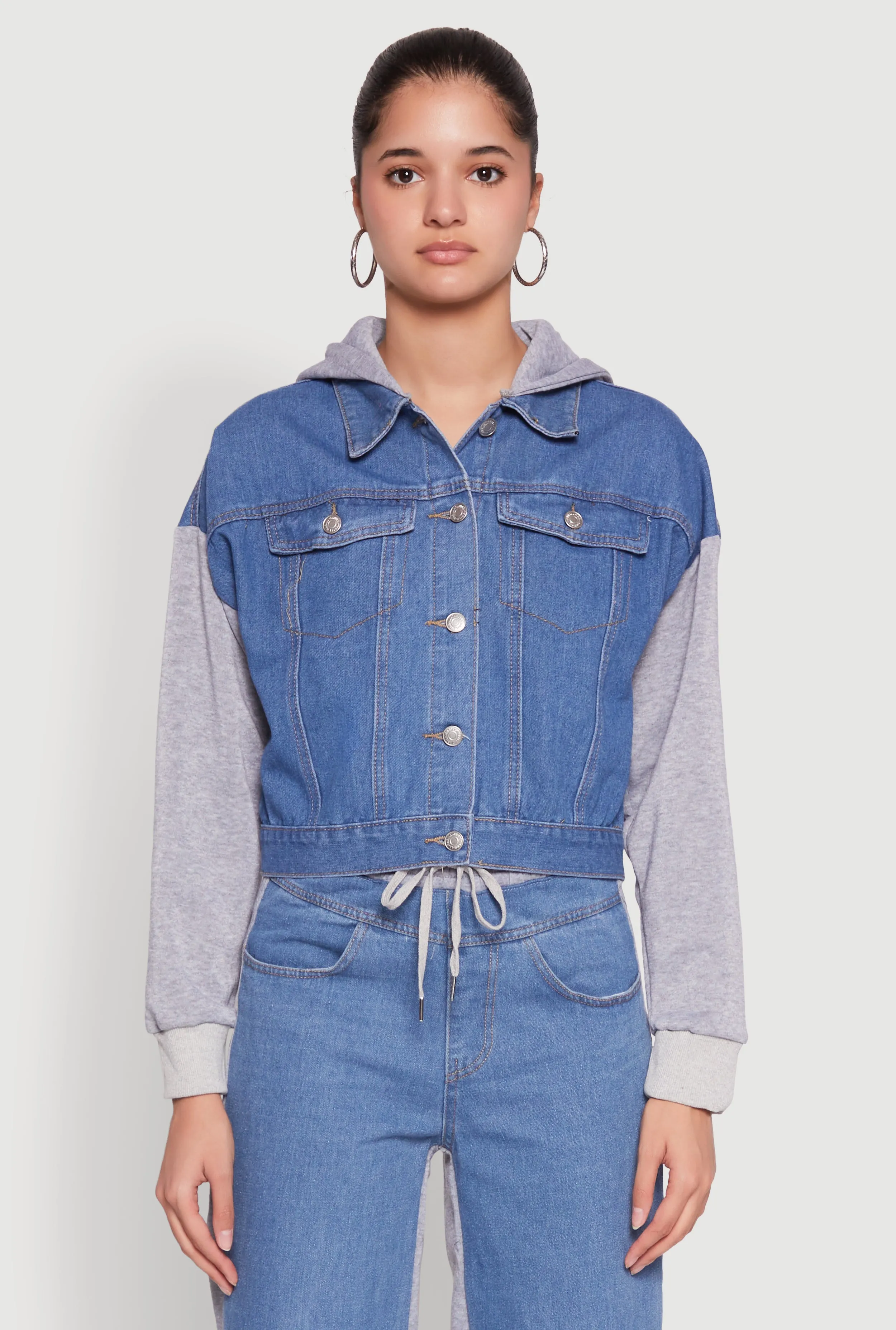 Color Block Fleece Hooded Jean Jacket sold by Rainbow