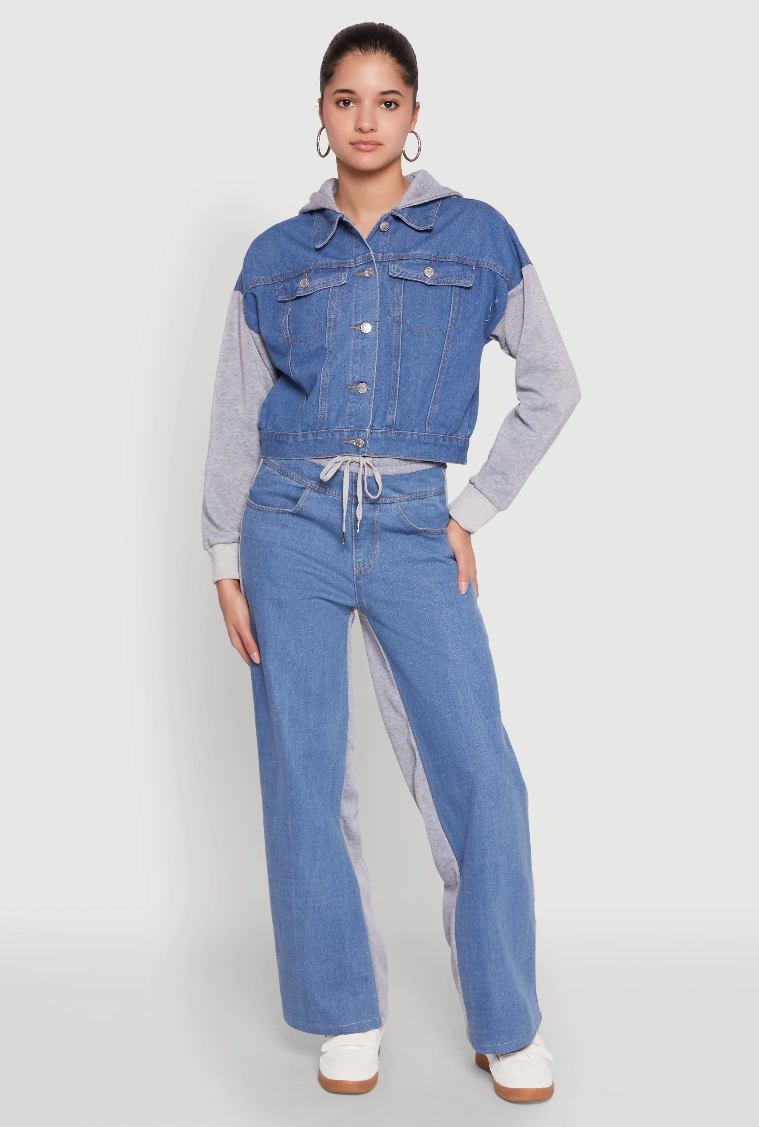 Color Block Fleece Hooded Jean Jacket sold by Rainbow product image thumbnail 3