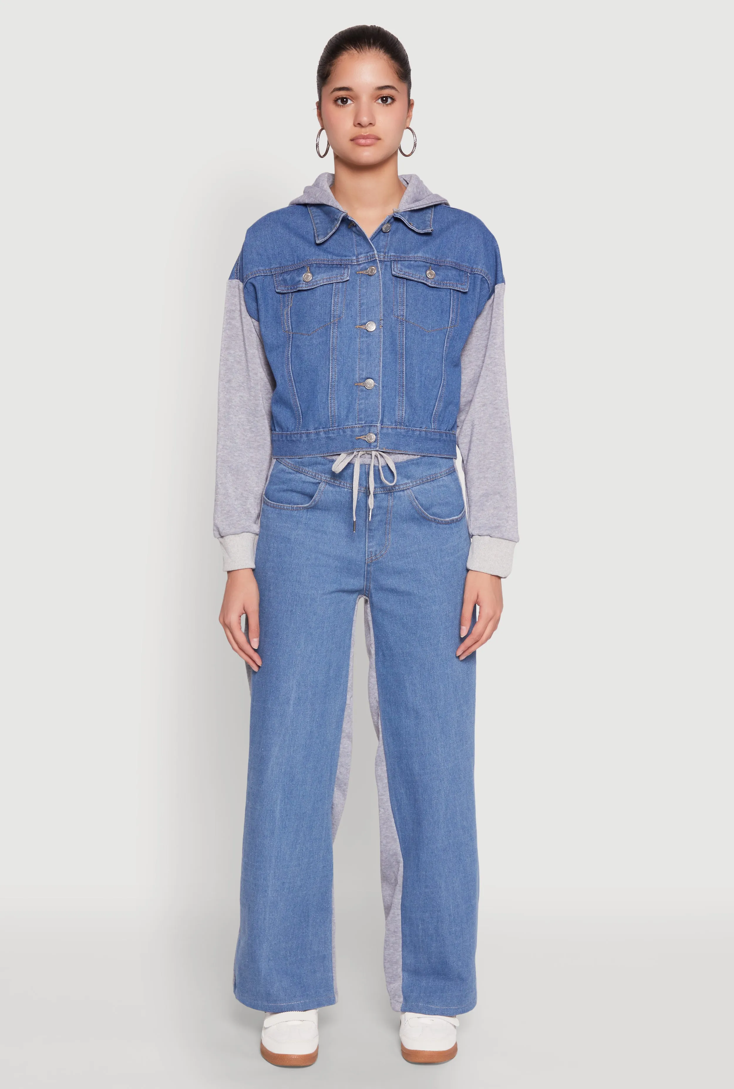 Color Block Fleece Hooded Jean Jacket sold by Rainbow product image thumbnail 2