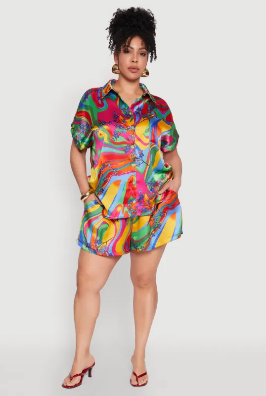Plus Size Floral Psychedelic Satin Shorts sold by Rainbow