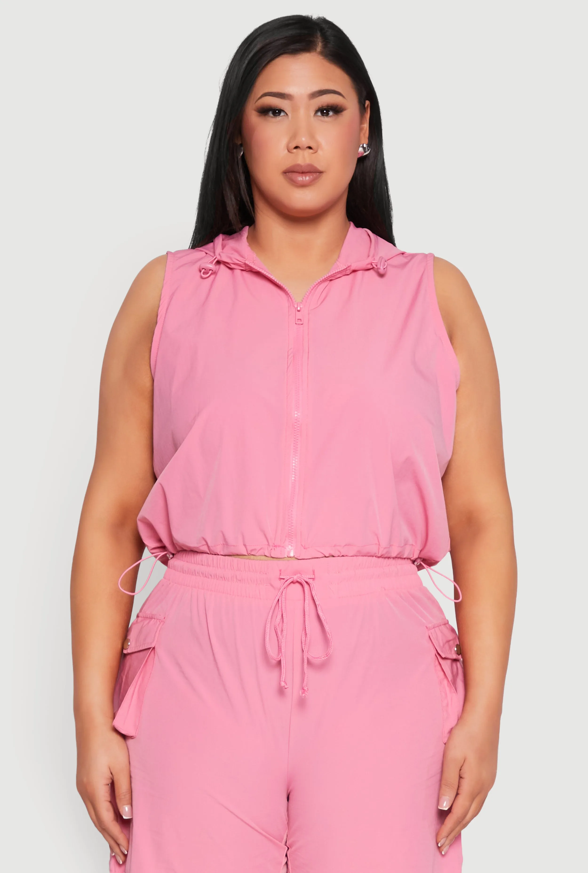 Plus Size Nylon Sleeveless Zip Front Hooded Top sold by Rainbow