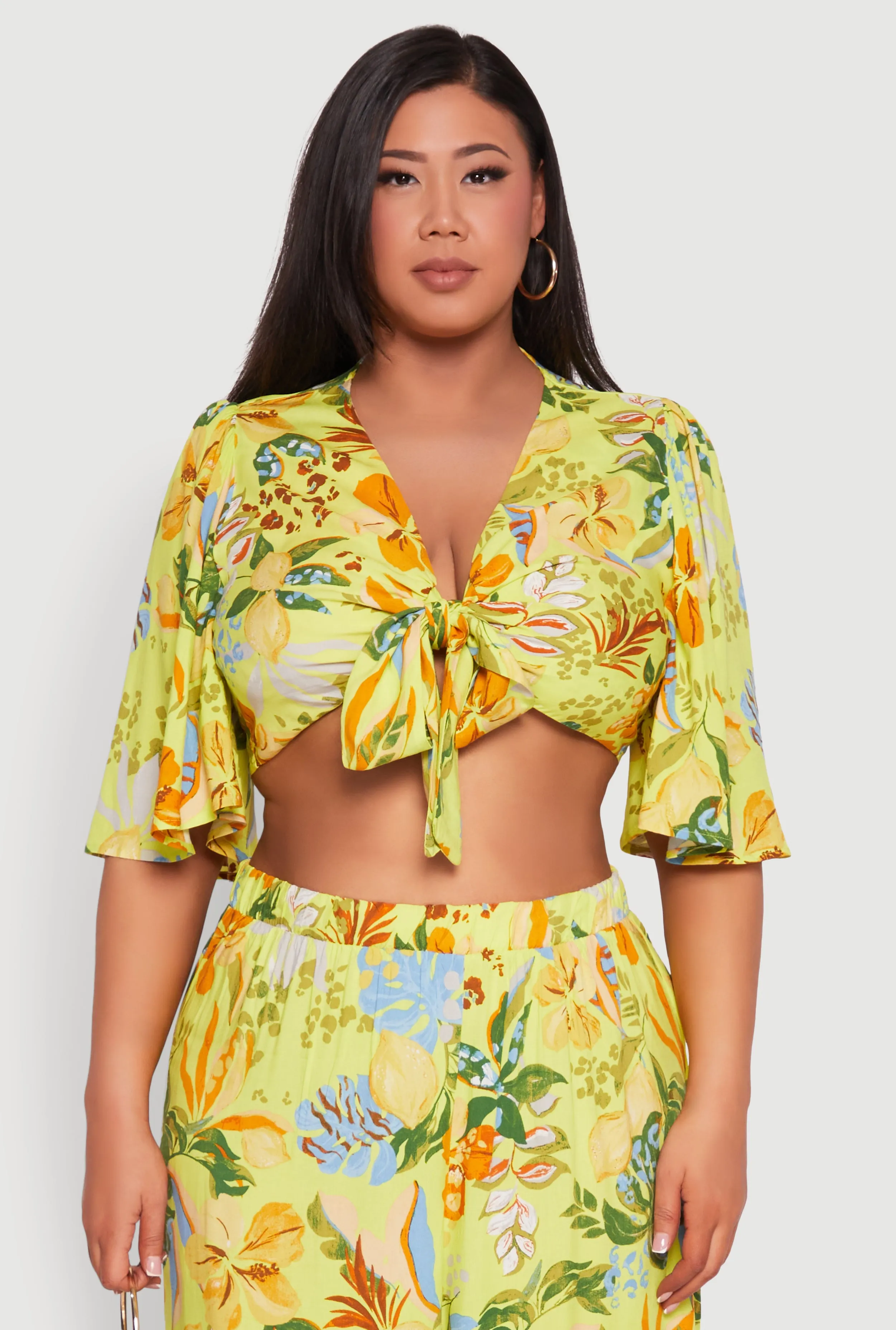 Plus Size Tropical Floral Tie Front Crop Top sold by Rainbow