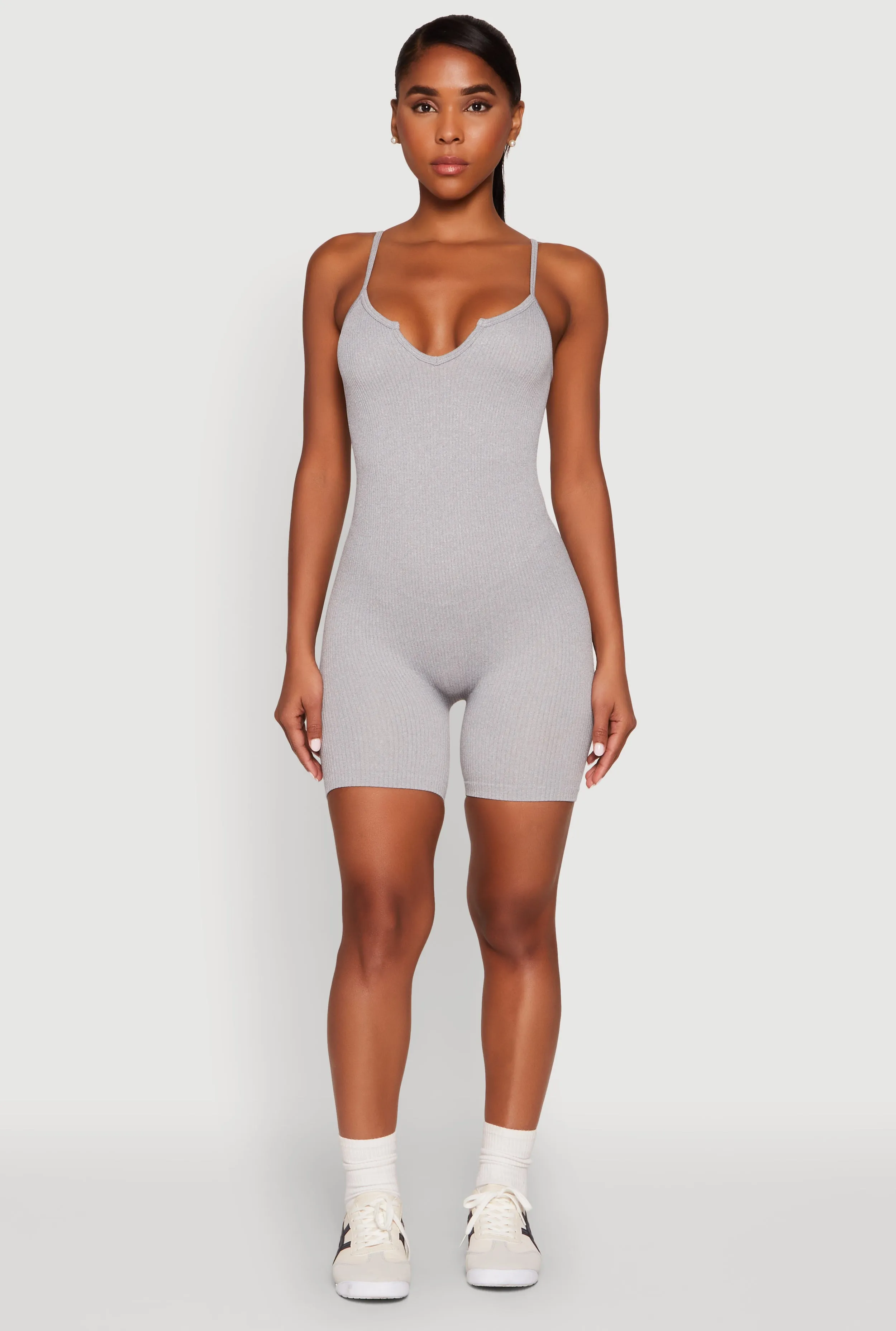 Notch Neck Rib Knit Cami Romper sold by Rainbow