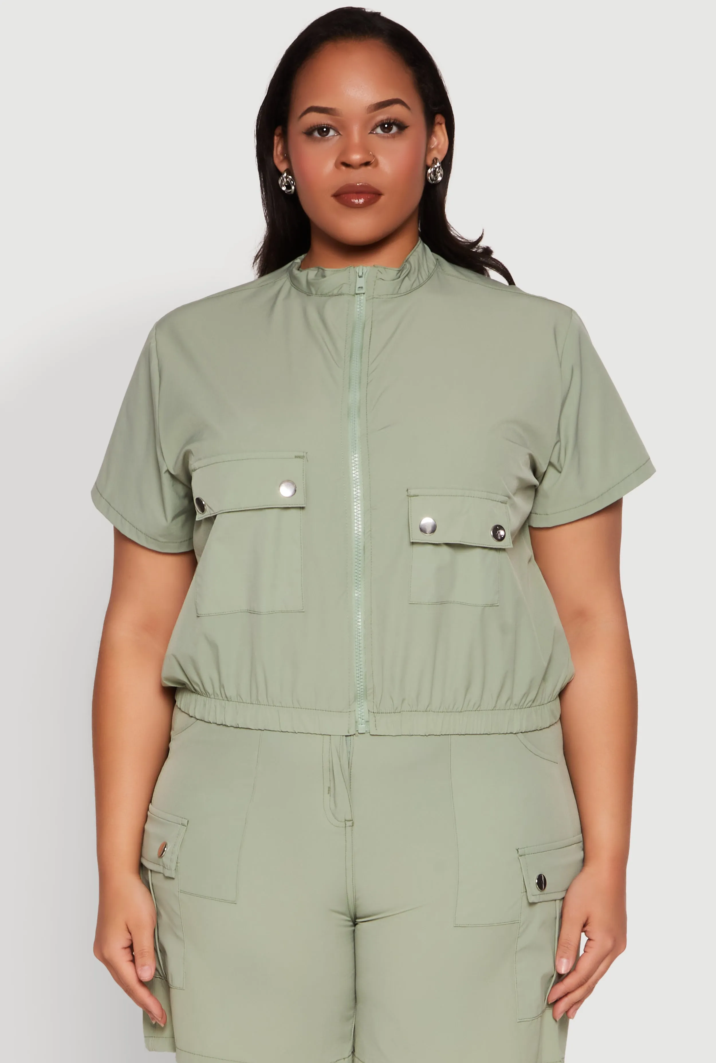 Plus Size Nylon Utility Zip Up Top sold by Rainbow