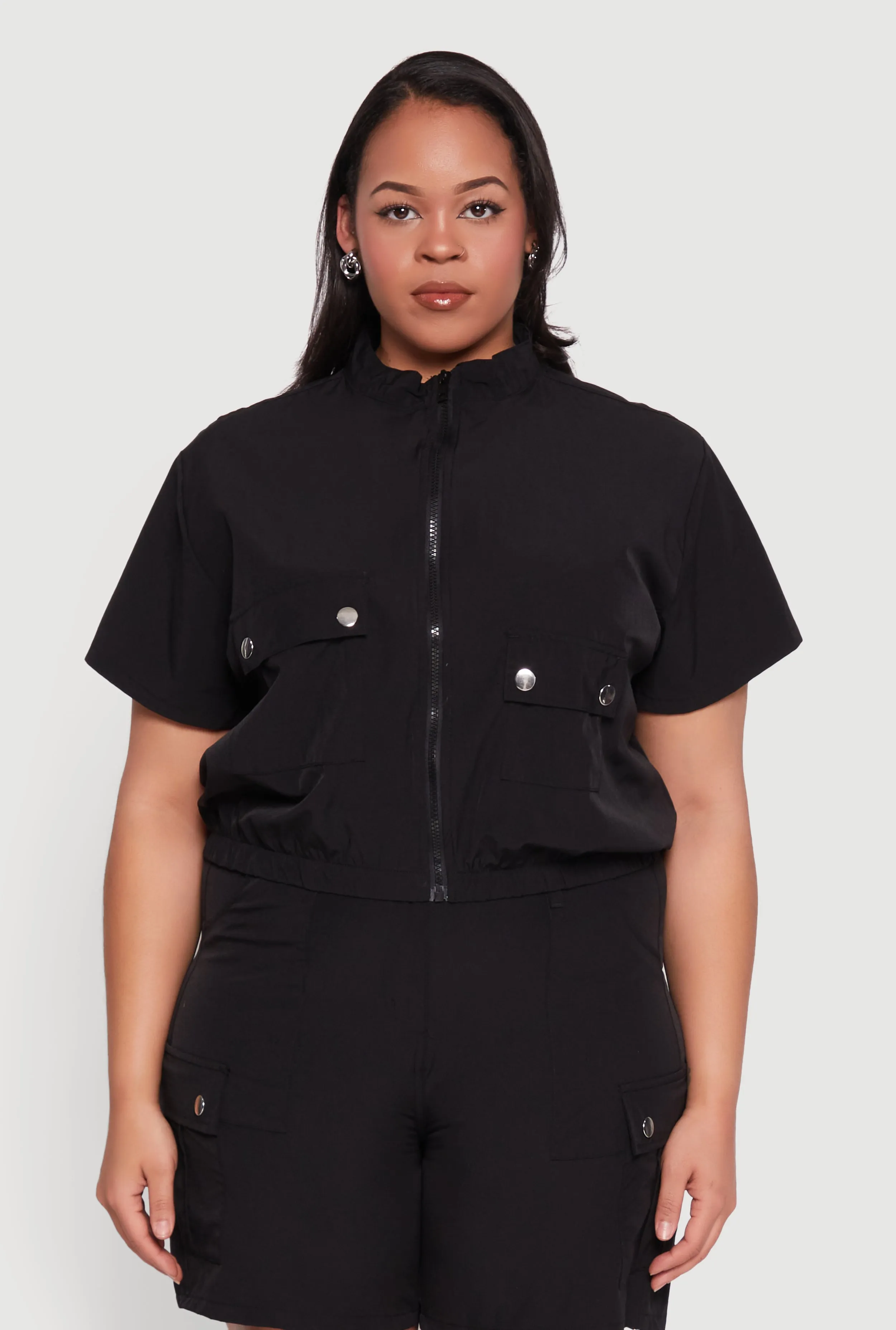 Plus Size Nylon Utility Zip Up Top sold by Rainbow