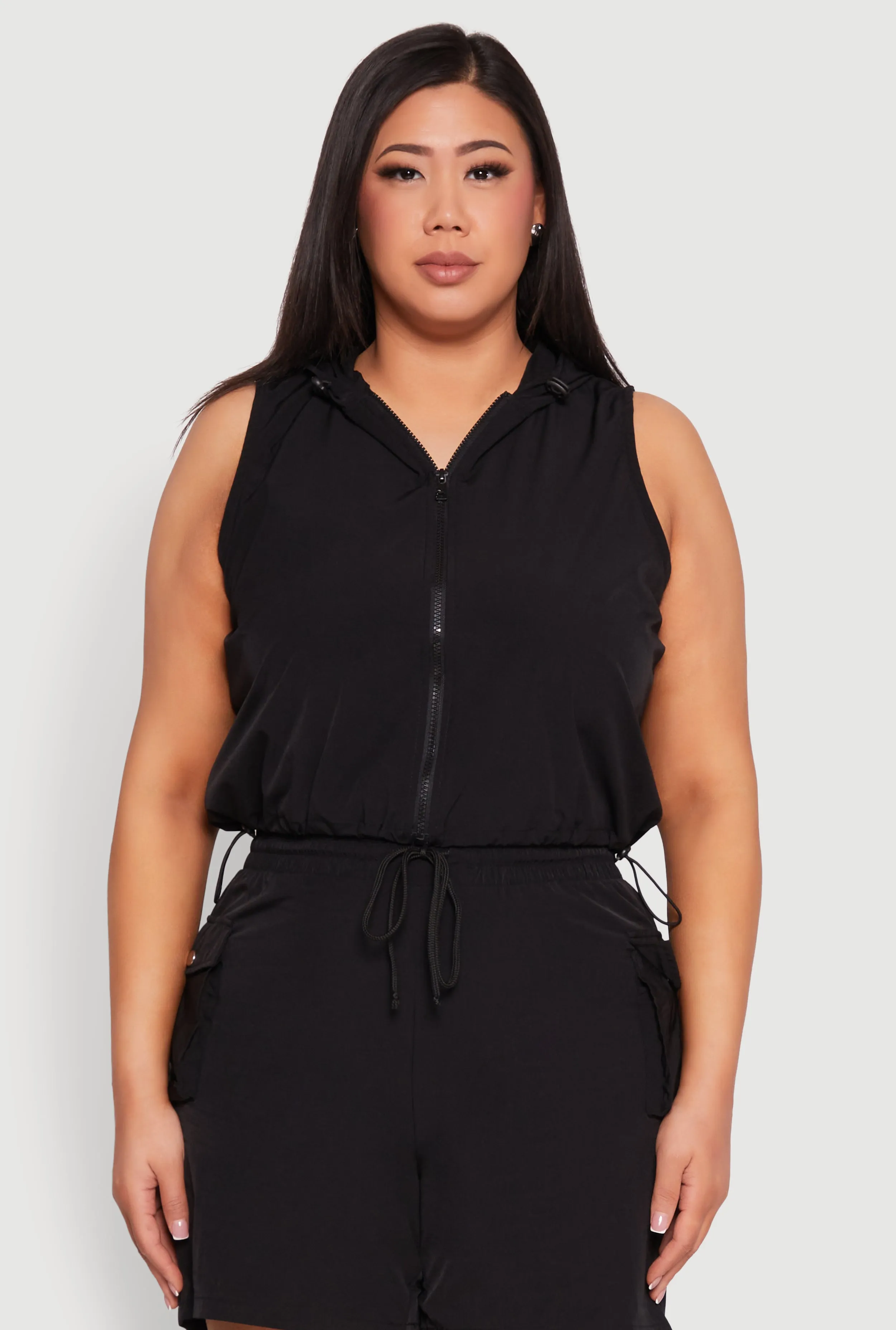 Plus Size Nylon Sleeveless Zip Front Hooded Top sold by Rainbow