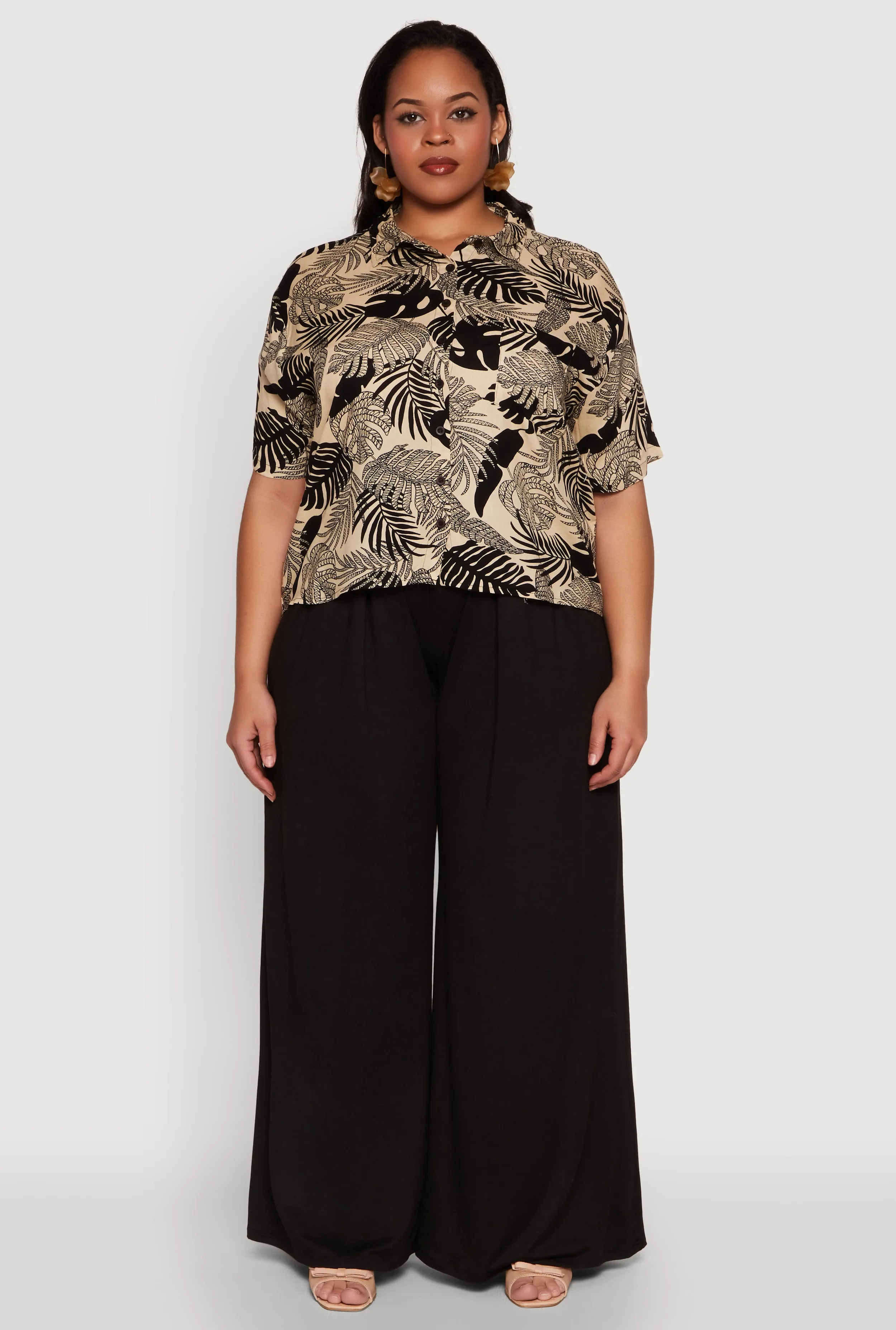 Plus Size Tropical Leaf Print Button Front Shirt sold by Rainbow