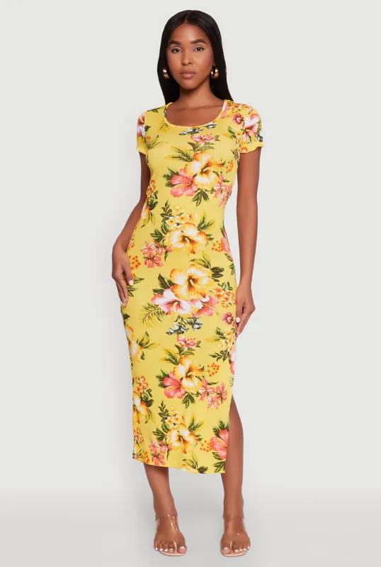 Floral Rib Knit Short Sleeve Midi Dress sold by Rainbow