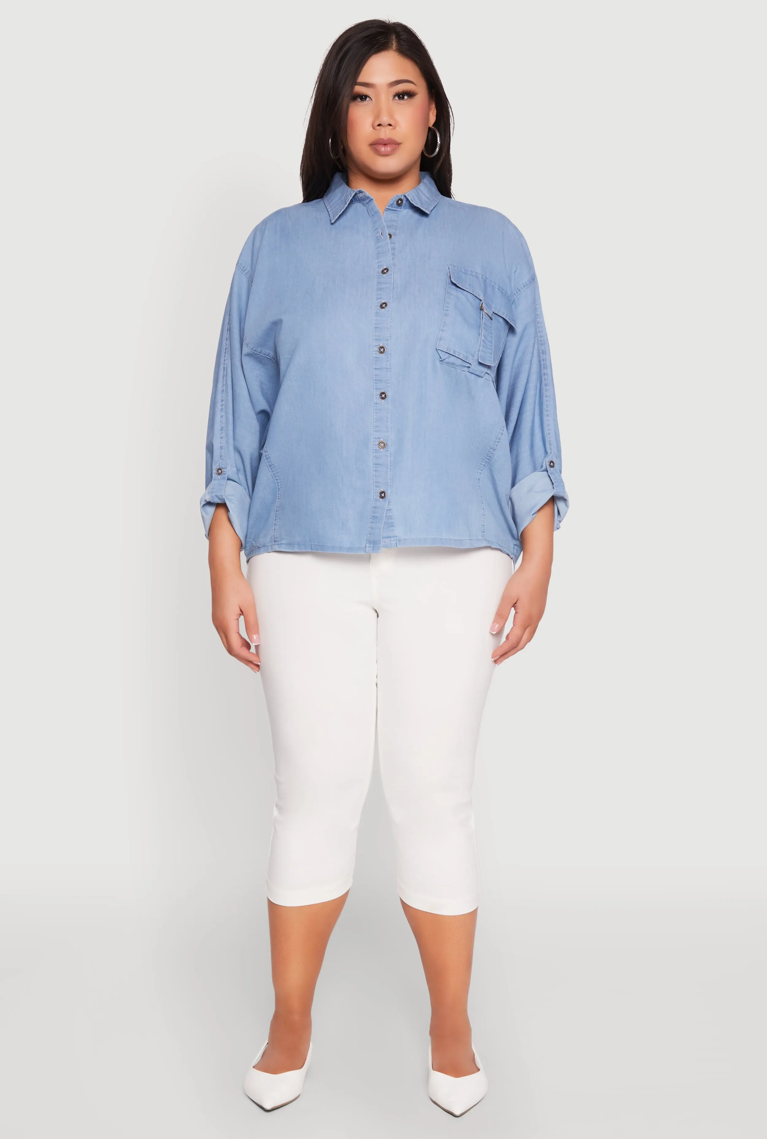 Plus Size Chambray Tabbed Pocket Shirt sold by Rainbow