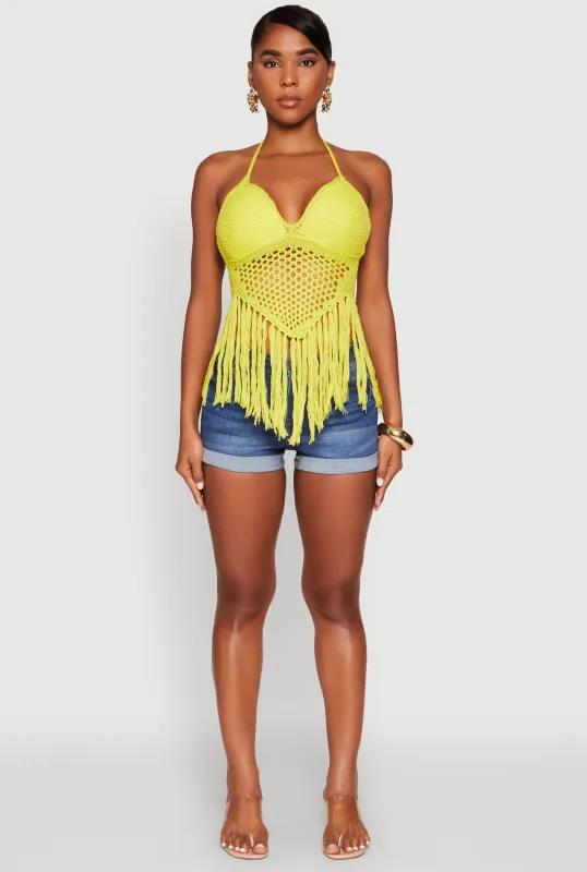 Tie Back Crochet Fringe Halter Top sold by Rainbow