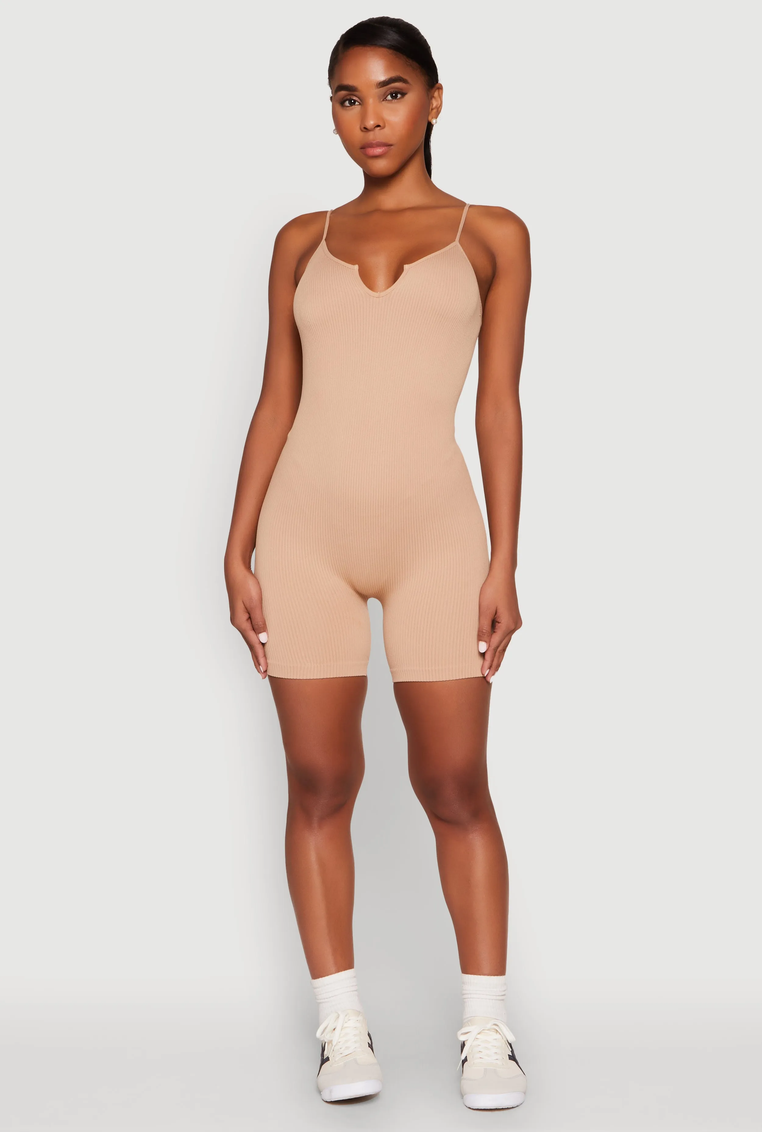 Notch Neck Rib Knit Cami Romper sold by Rainbow