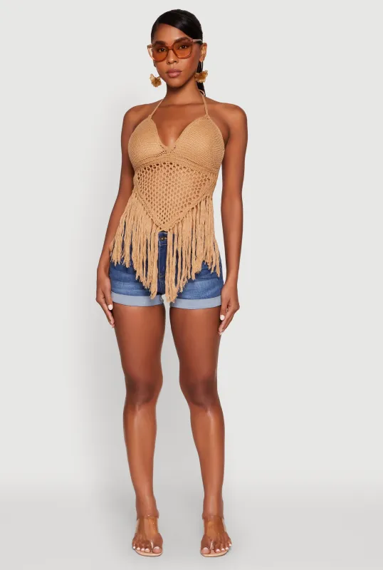 Tie Back Crochet Fringe Halter Top sold by Rainbow