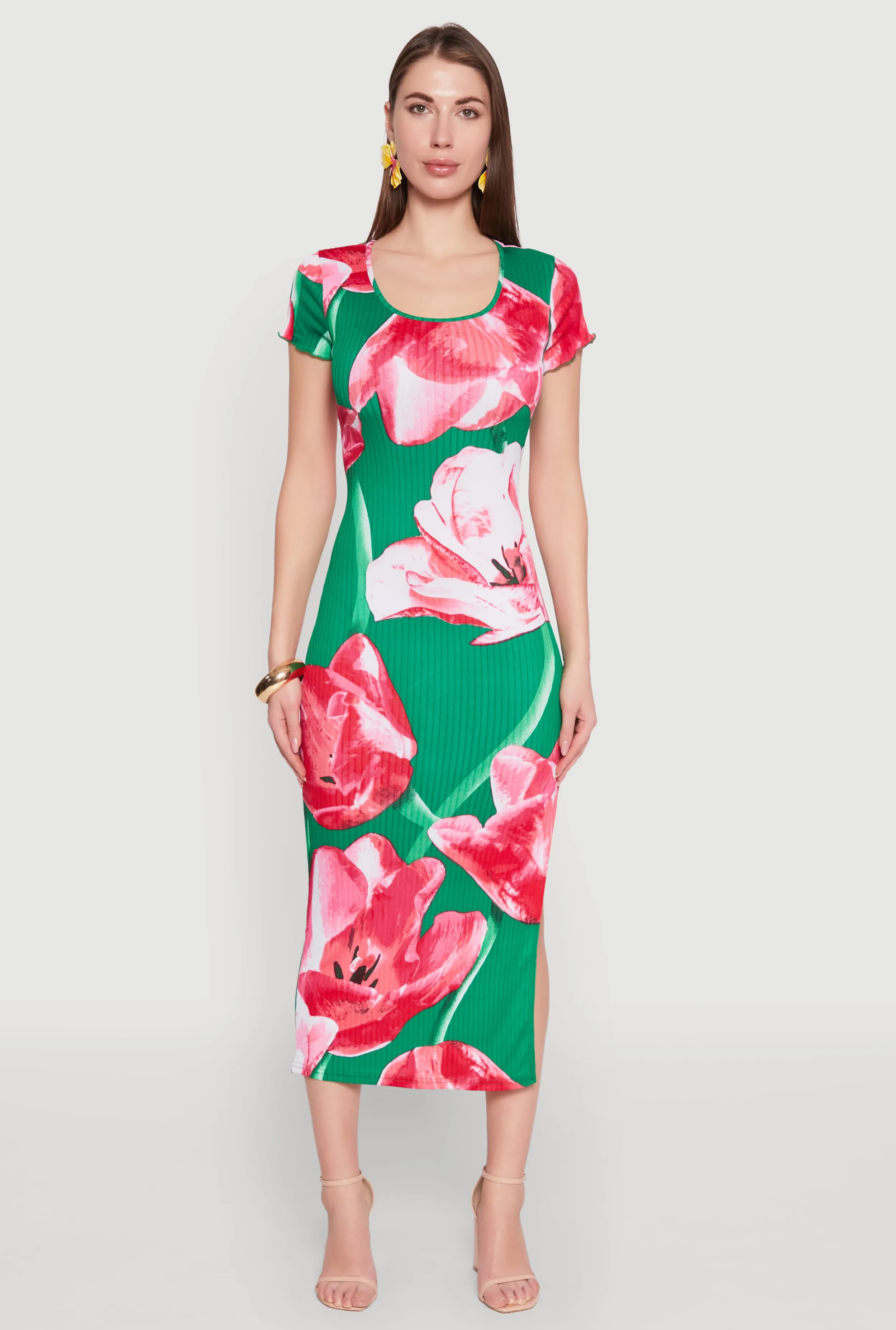 Ribbed Knit Abstract Floral Print Side Slit Dress sold by Rainbow