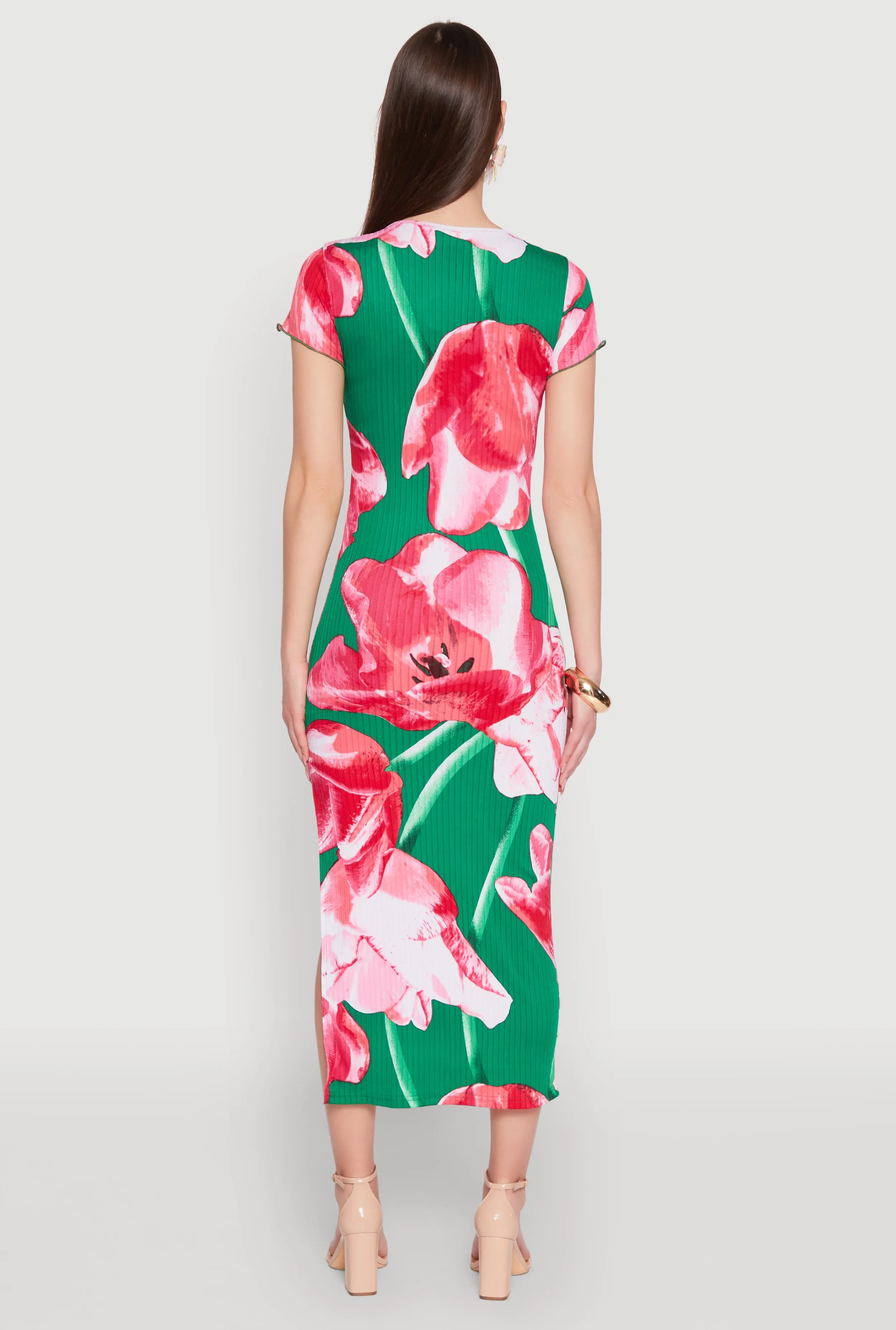 Ribbed Knit Abstract Floral Print Side Slit Dress sold by Rainbow product image thumbnail 5