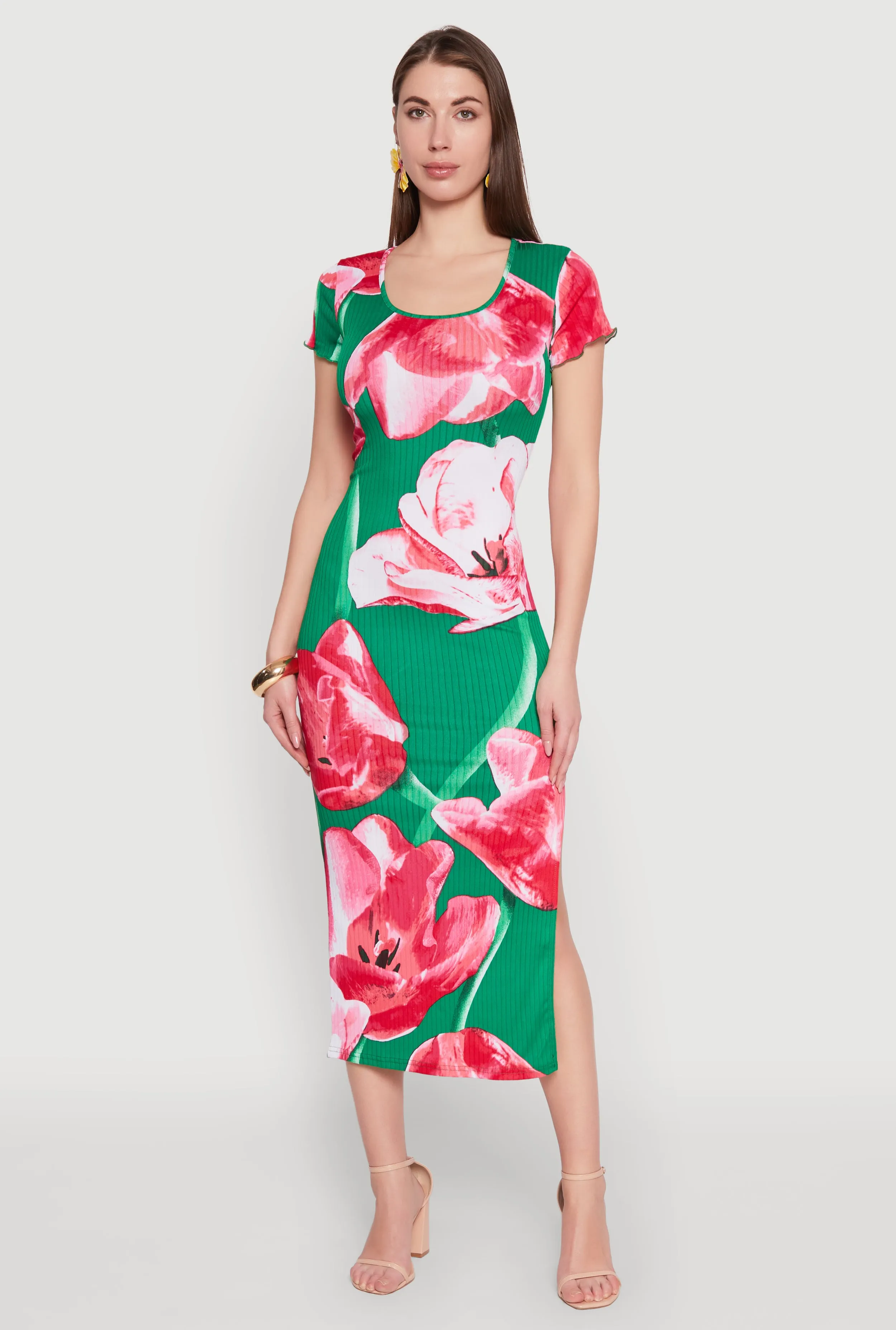 Ribbed Knit Abstract Floral Print Side Slit Dress sold by Rainbow product image thumbnail 2