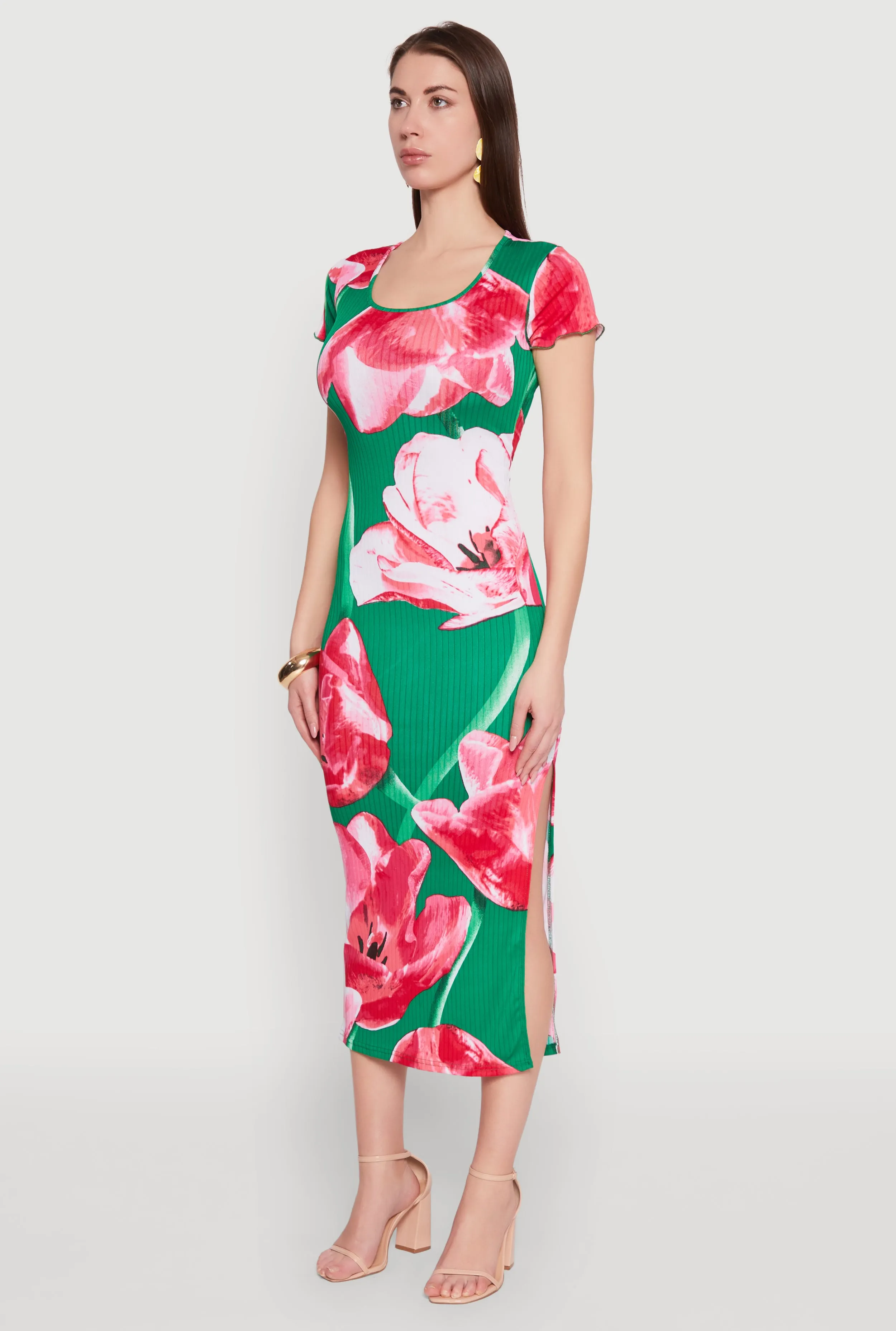 Ribbed Knit Abstract Floral Print Side Slit Dress sold by Rainbow product image thumbnail 3