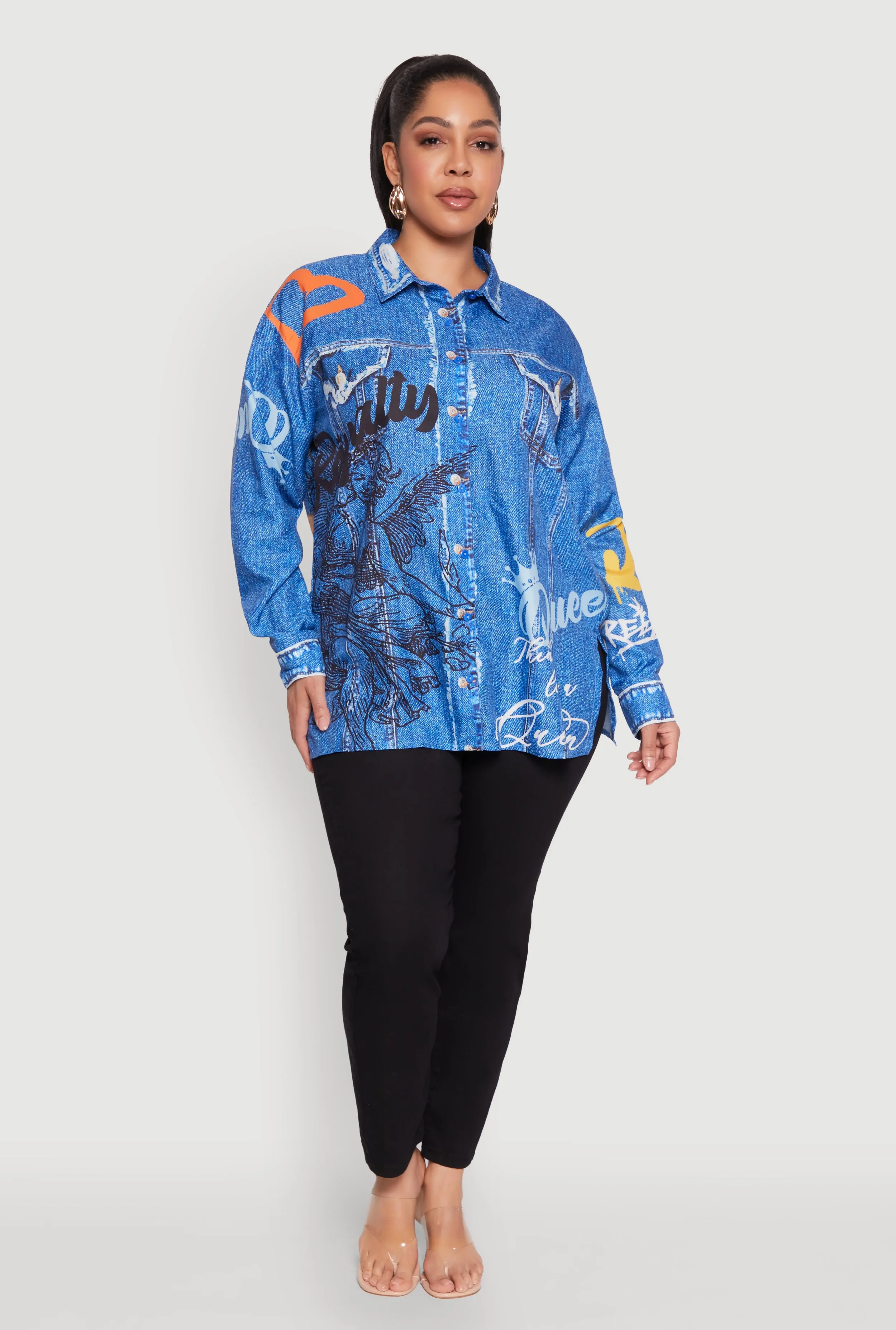Plus Size Graffiti Denim Graphic Shirt sold by Rainbow