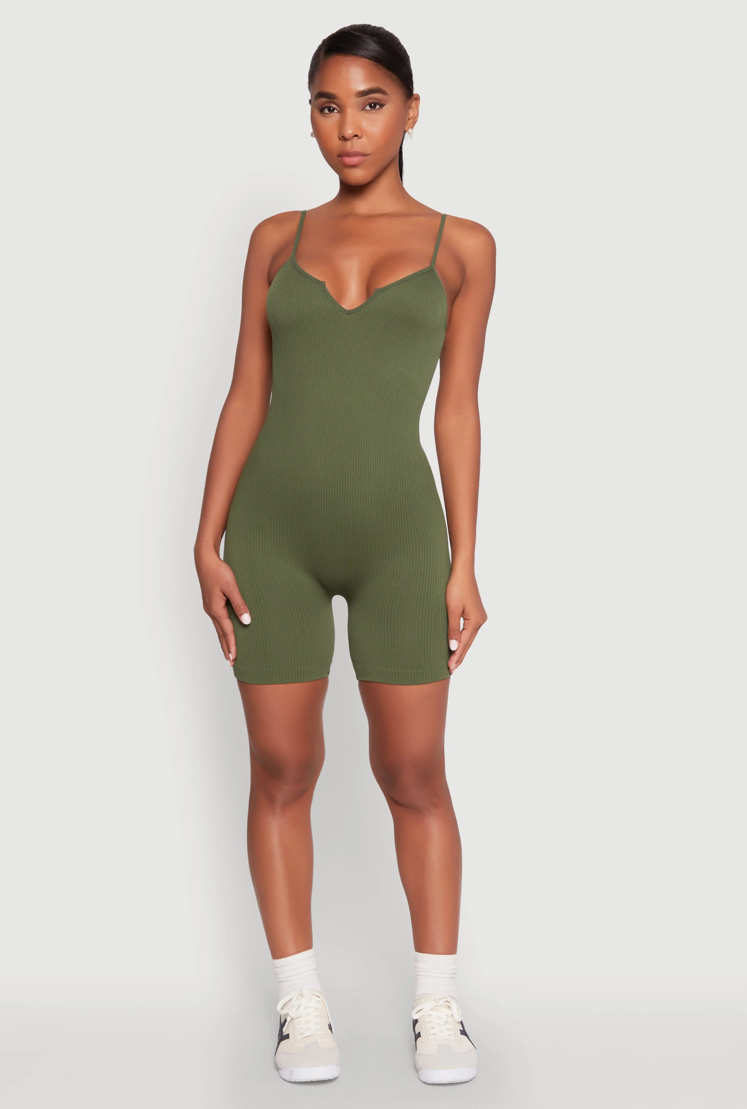 Notch Neck Rib Knit Cami Romper sold by Rainbow