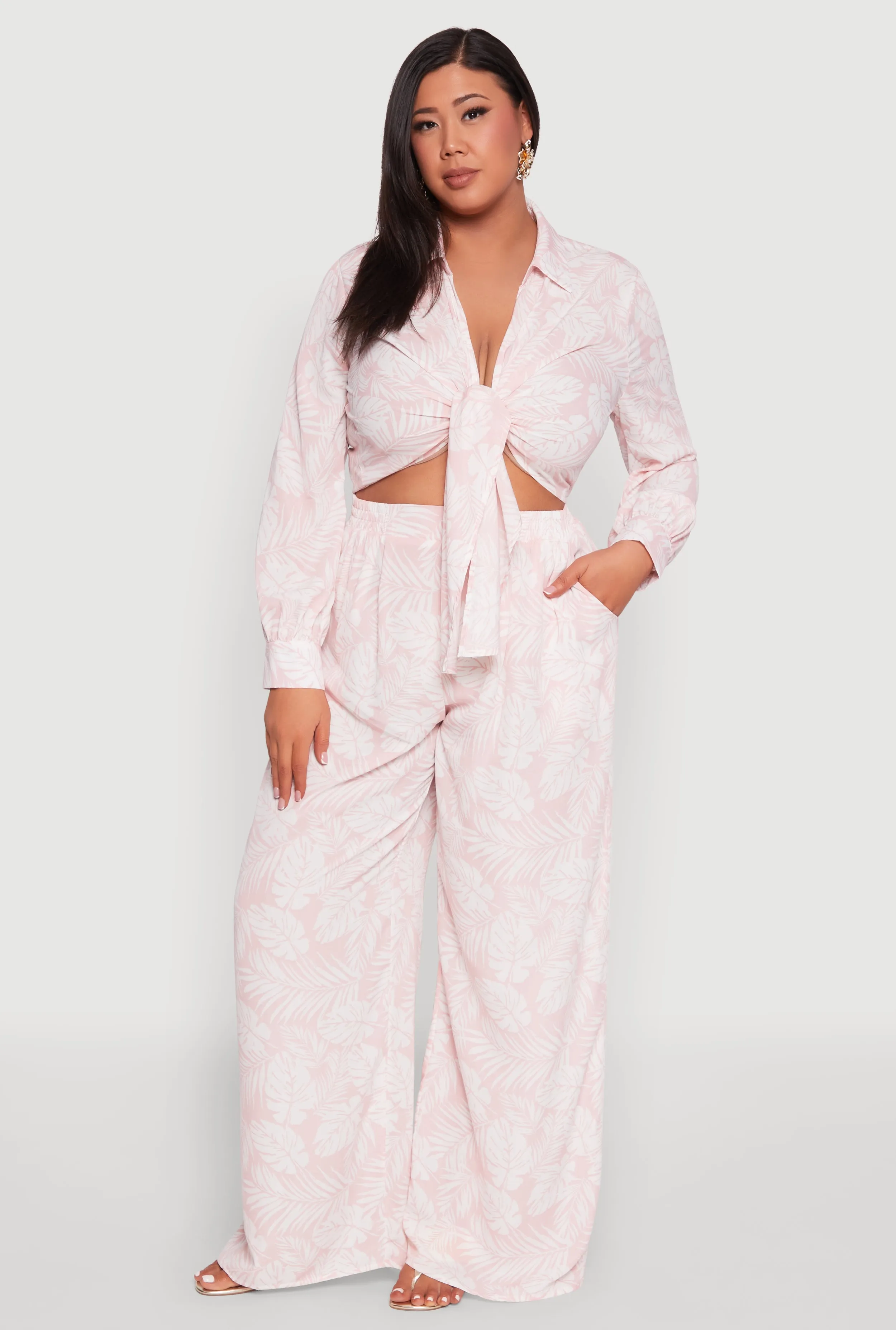 Plus Size Airy Leaf Print Tie Front Crop Top sold by Rainbow product image thumbnail 3