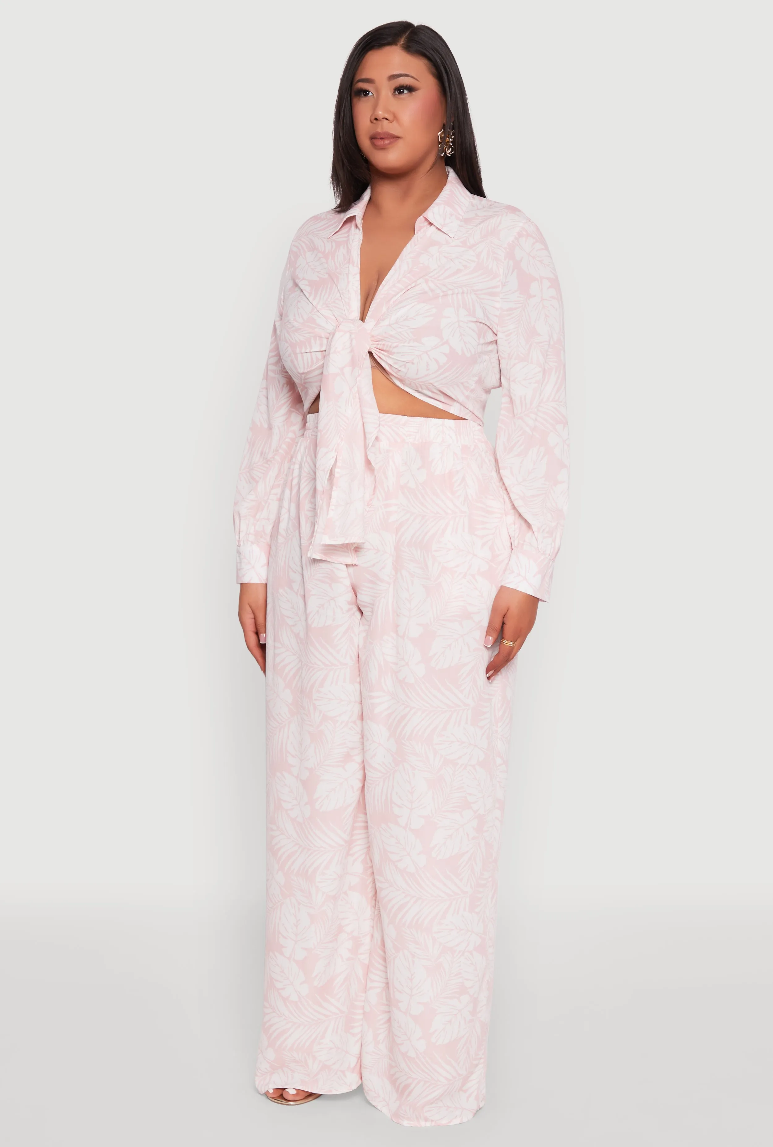 Plus Size Airy Leaf Print Tie Front Crop Top sold by Rainbow product image thumbnail 5