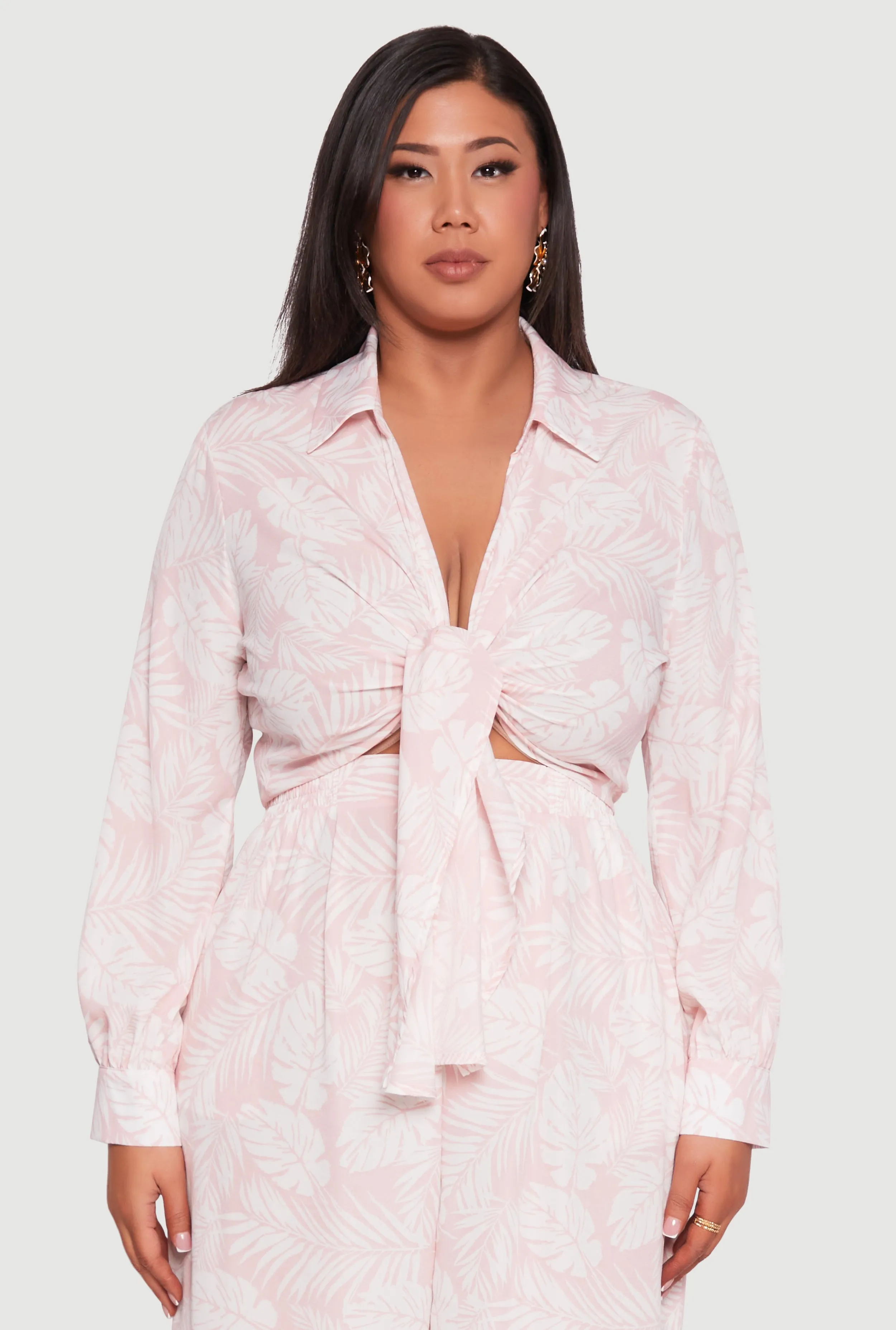 Plus Size Airy Leaf Print Tie Front Crop Top sold by Rainbow