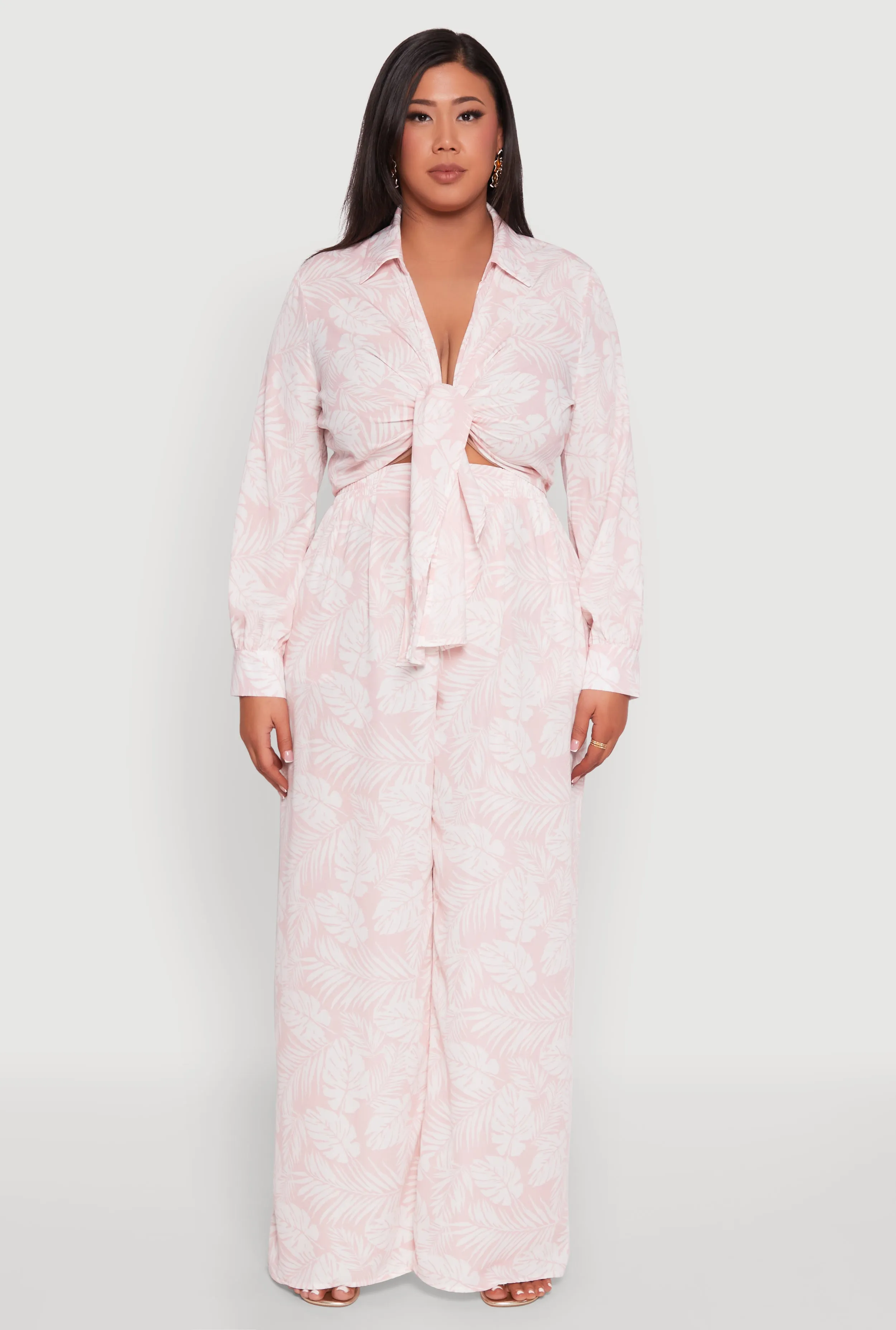 Plus Size Airy Leaf Print Tie Front Crop Top sold by Rainbow product image thumbnail 2