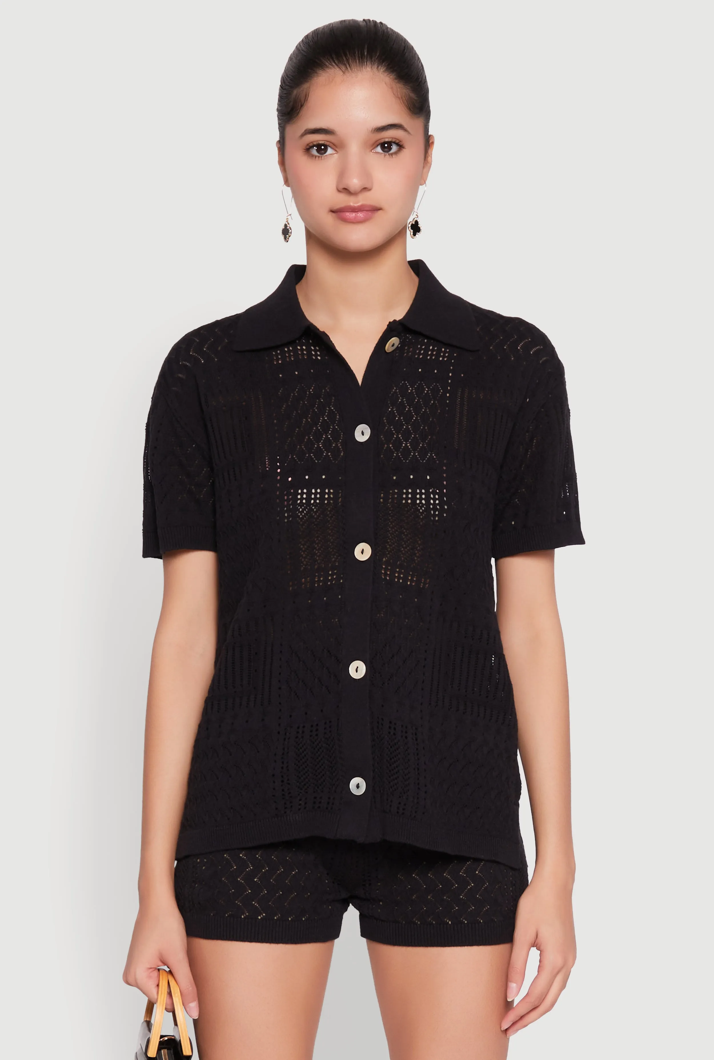 Pointelle Crochet Button Front Shirt sold by Rainbow