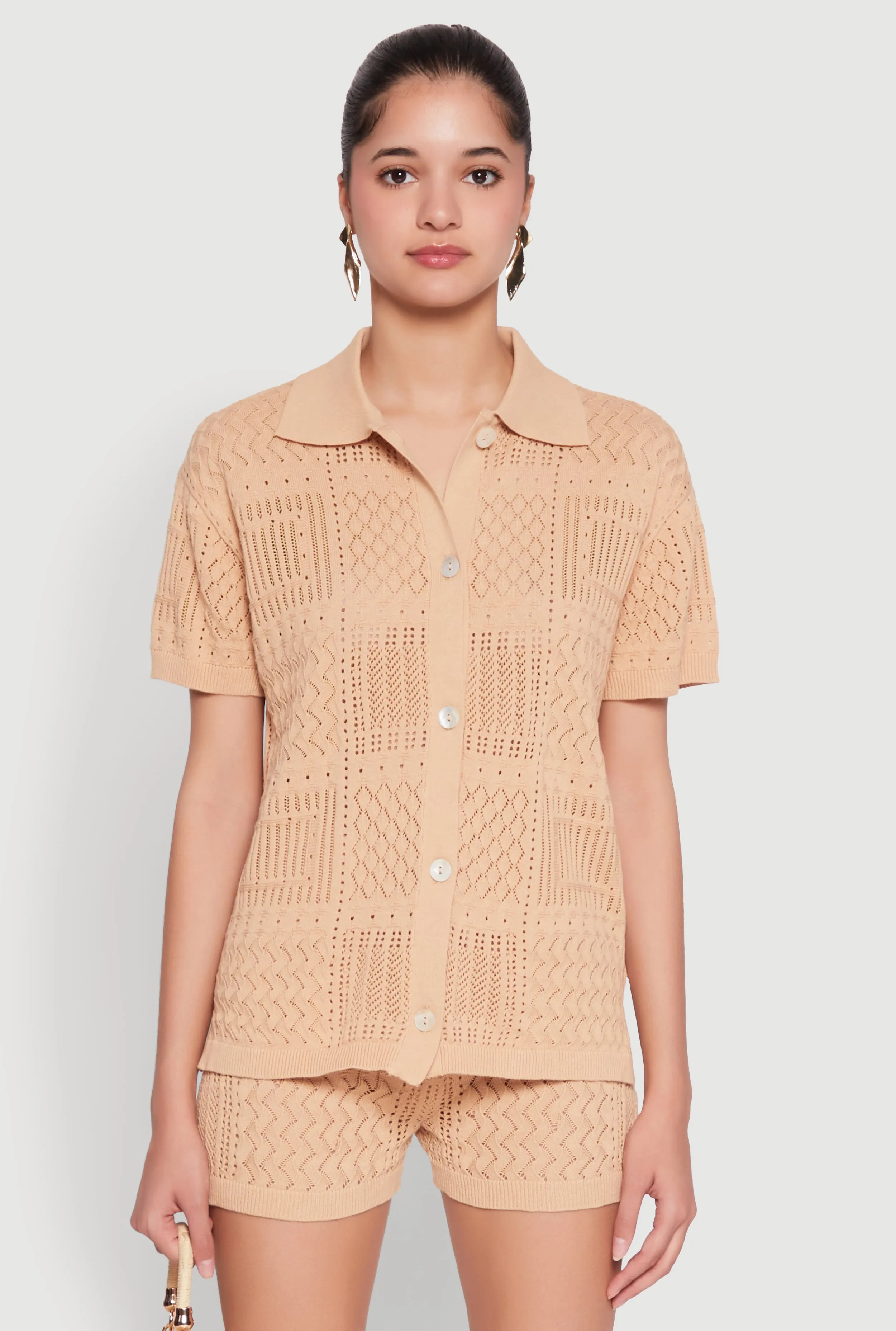 Pointelle Crochet Button Front Shirt sold by Rainbow